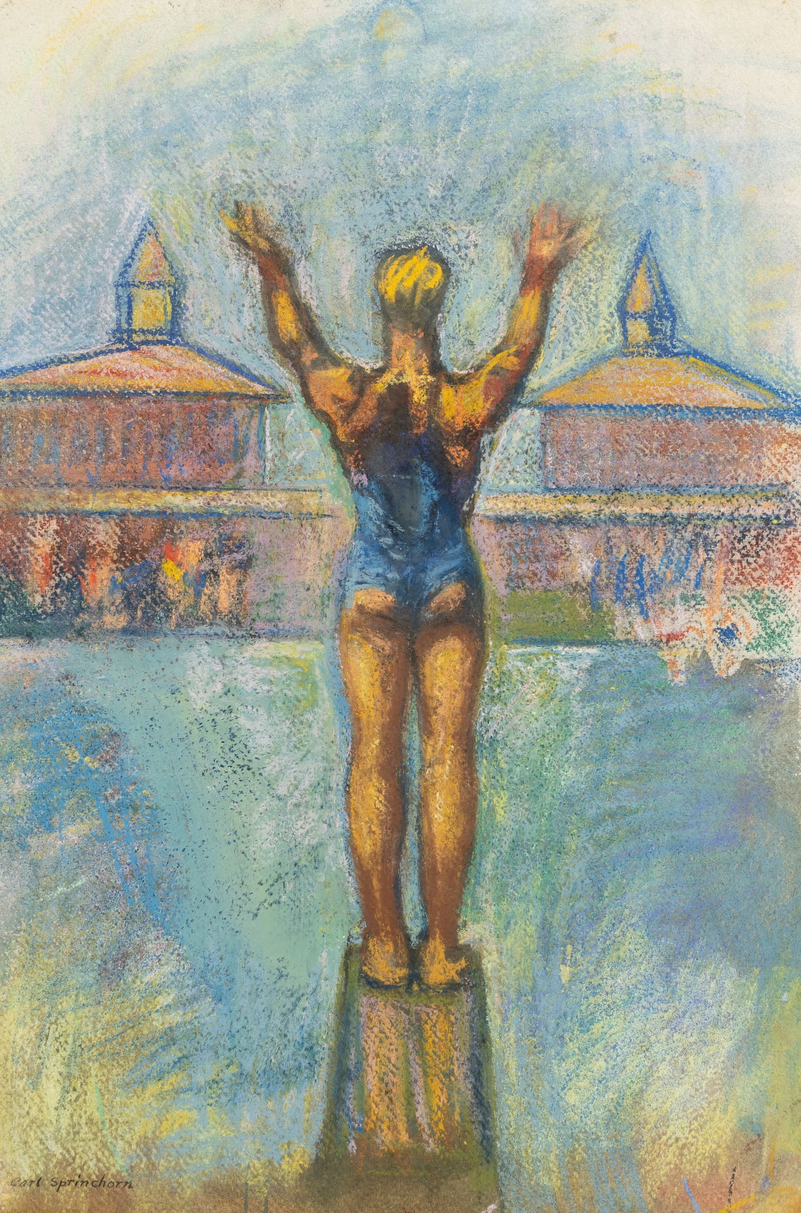 Carl Sprinchorn (Am. 1887-1971), Diver at Coney Island, Pastel on paper, framed under glass: Carl Sprinchorn (Am. 1887-1971) Diver at Coney Island Pastel on paper, framed under glass Signed l.l., James Julia tag attached to hanging wire 19 3/4" x 13 1/2" sight, 32 1/4" x 25 3/4" fra