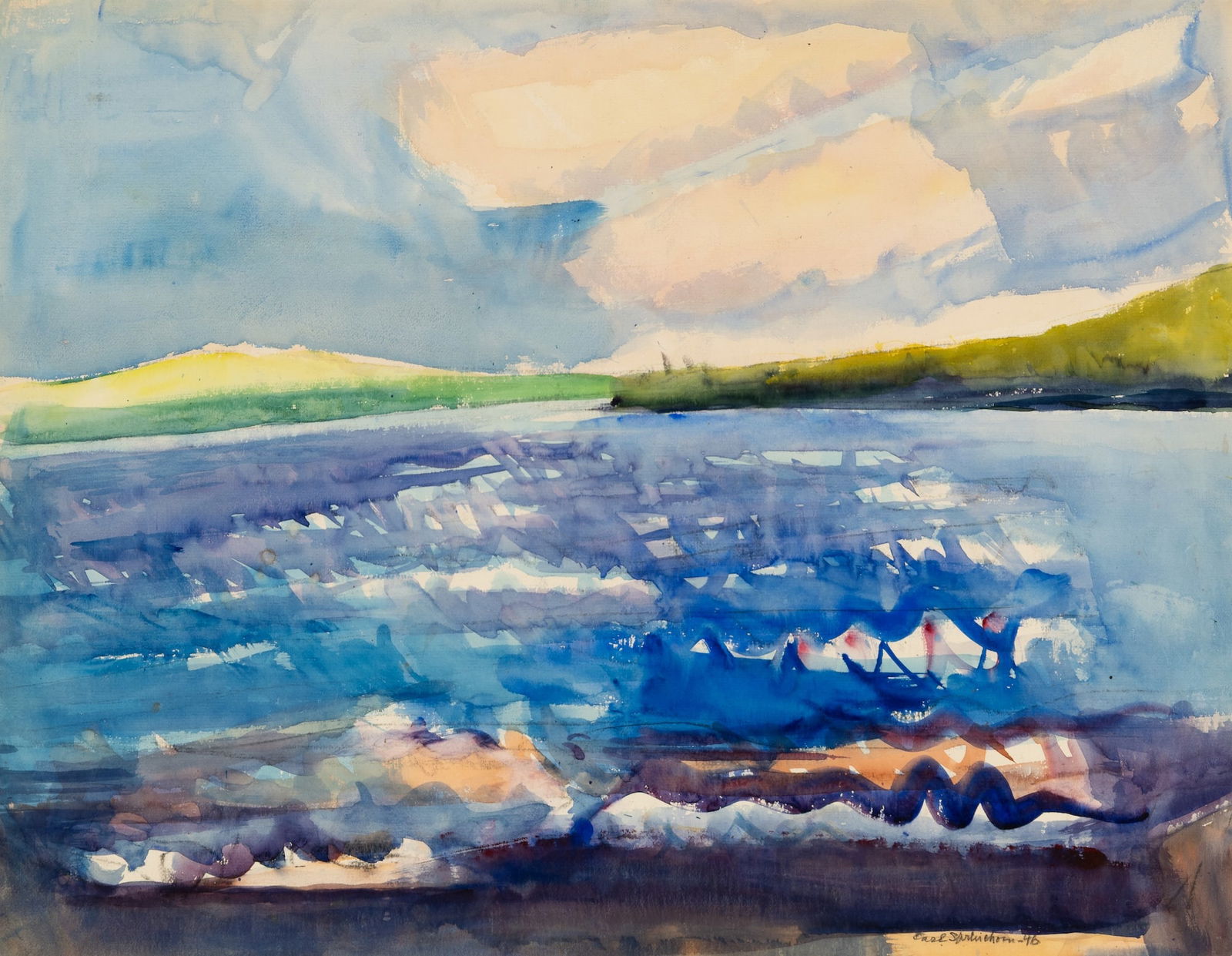 Carl Sprinchorn (Am. 1887-1971), Valley Scene & Shinn Pond, 1946, Double-sided watercolor on paper,: Carl Sprinchorn (Am. 1887-1971) Valley Scene & Shinn Pond, 1946 Double-sided watercolor on paper, framed under glass Indistinct inscription l.l., additional signed and dated watercolor composition