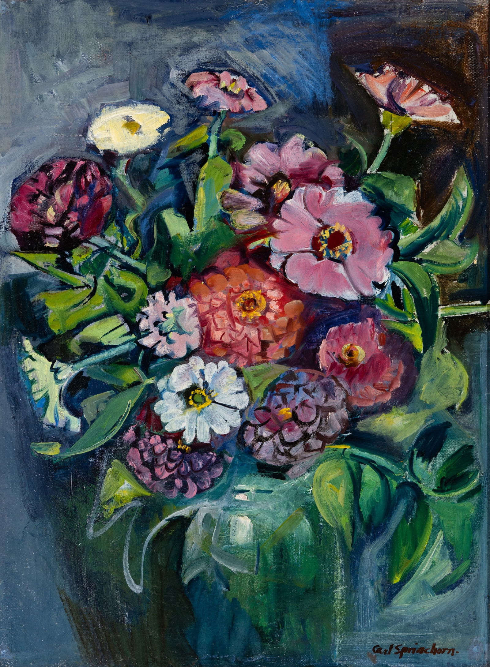 Carl Sprinchorn (Am. 1887-1971), Bouquet, Oil on canvas, framed: Carl Sprinchorn (Am. 1887-1971) Bouquet Oil on canvas, framed Signed l.r. 23 1/2" x 17 3/4" actual, 28 1/4" x 22 1/4" framed Provenance: Private collection