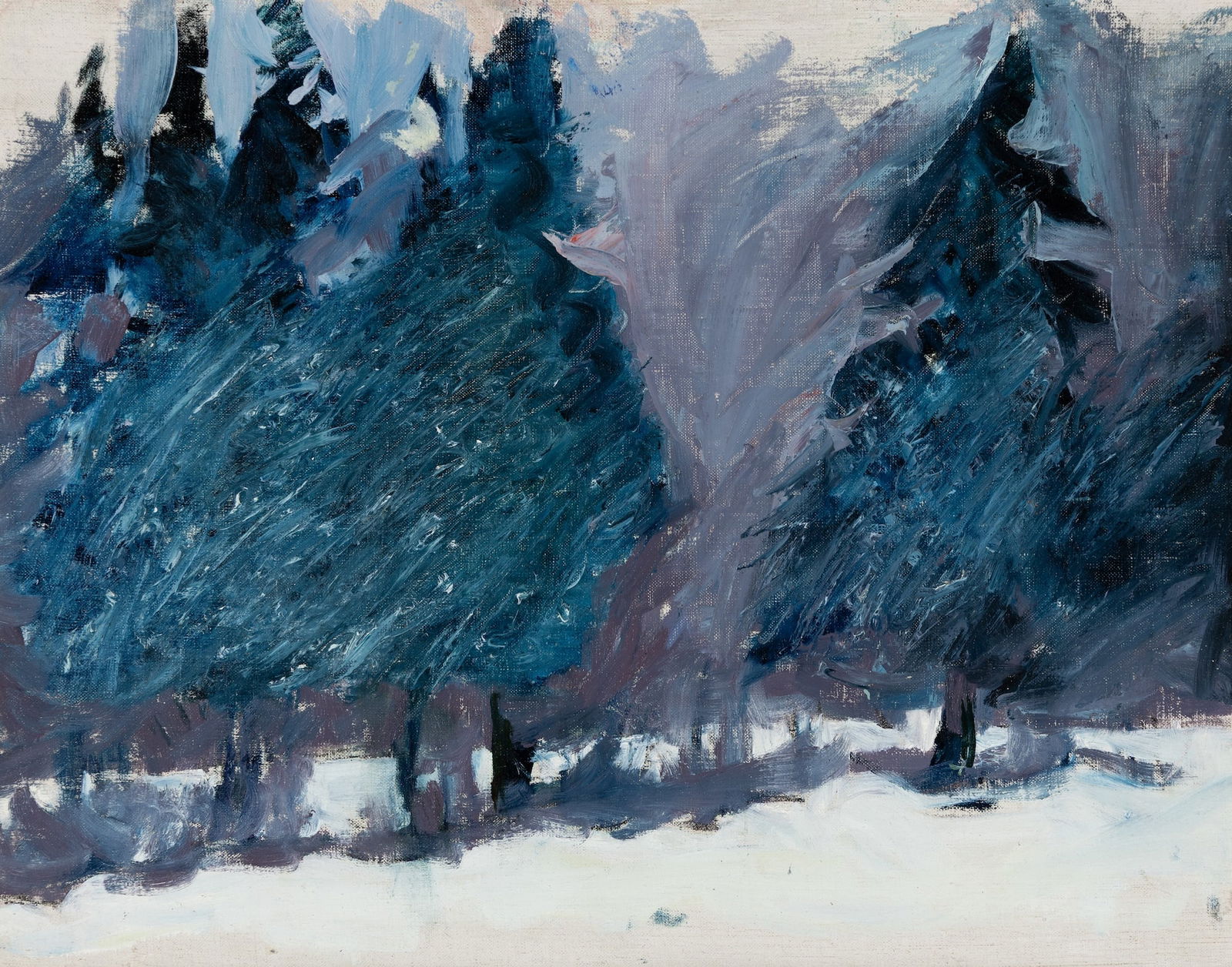 Carl Sprinchorn (Am. 1887-1971), Snow-Covered Pines, Oil on canvas laid to board, framed: Carl Sprinchorn (Am. 1887-1971) Snow-Covered Pines Oil on canvas laid to board, framed Unsigned, estate stamp and additional composition in oil on verso 16 1/2" x 21 1/2" actual, 24" x 28 1/2