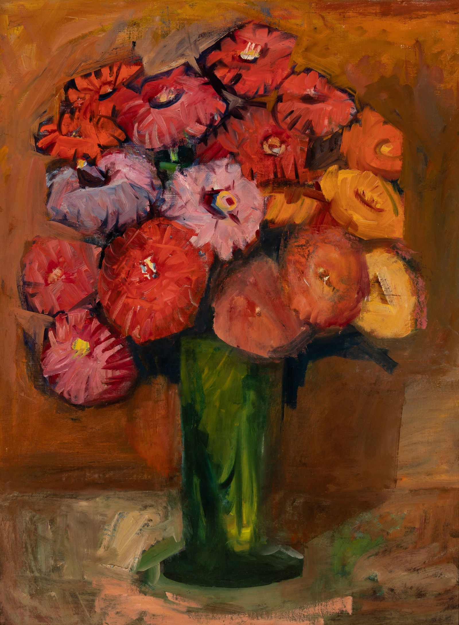 Carl Sprinchorn (Am. 1887-1971), "Zinnias in Green Vase", Oil on board, framed in Heydenryk frame: Carl Sprinchorn (Am. 1887-1971) "Zinnias in Green Vase" Oil on board, framed in Heydenryk frame Unsigned, titled on verso 31 3/4" x 24" actual, 37 3/4" x 29 7/8" framed Pro