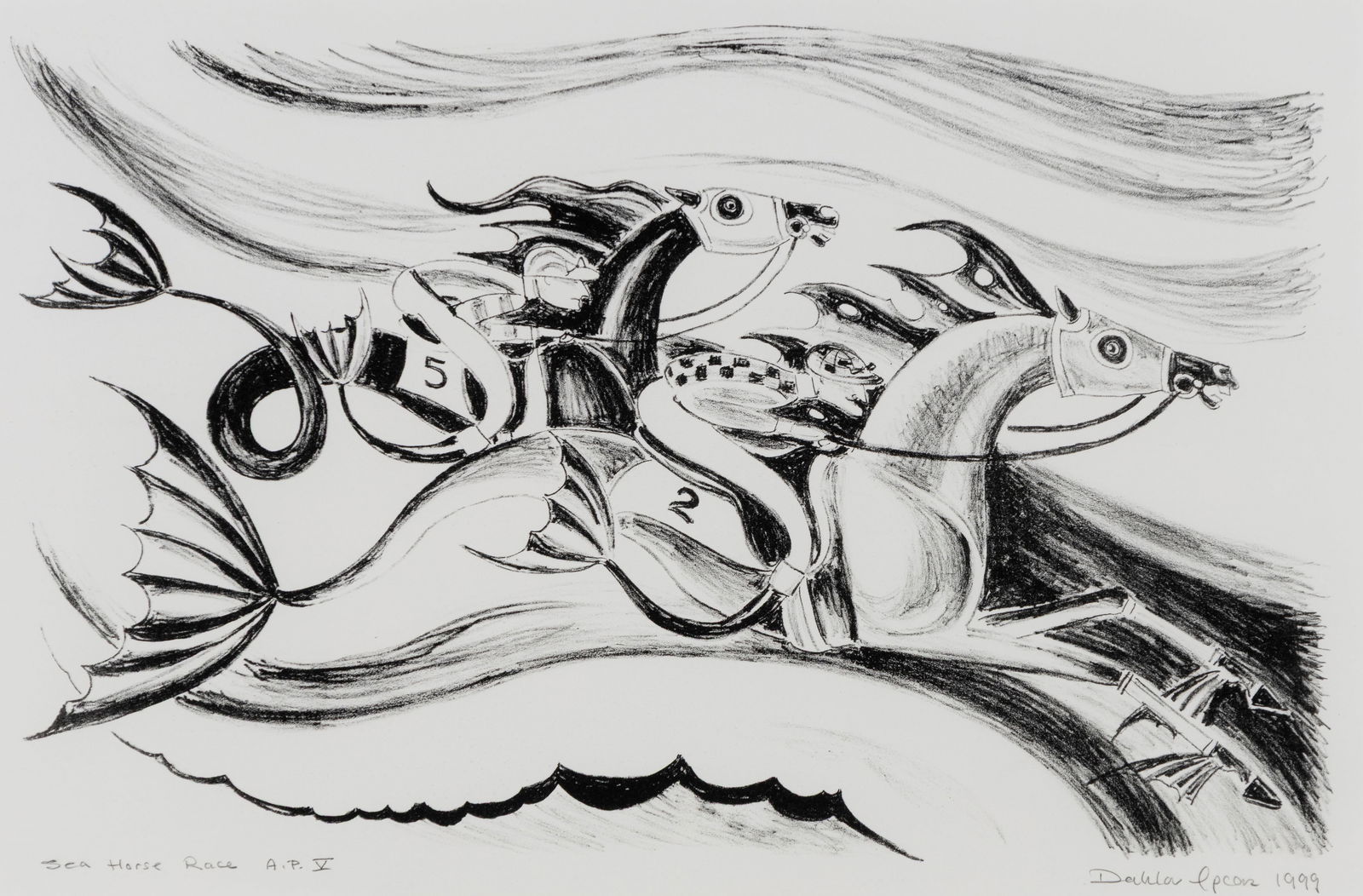 Dahlov Ipcar (Am. 1917-2017), "Sea Horse Race" 1999, Lithograph, framed under glass: Dahlov Ipcar (Am. 1917-2017) "Sea Horse Race" 1999 Lithograph, framed under glass Signed and dated in pencil l.r., titled and inscribed "AP V" in pencil l.l., artist's label and documentation attac