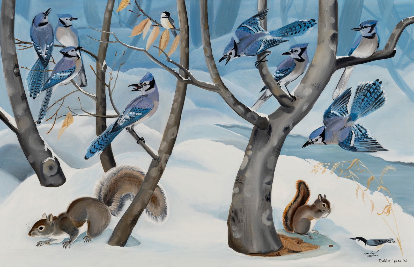 Dahlov Ipcar (Am. 1917-2017), Jays and Squirrels, 1963, Oil on canvas, framed: Dahlov Ipcar (Am. 1917-2017) Jays and Squirrels, 1963 Oil on canvas, framed Signed and dated l.r. 22" x 34" actual, 28 9/16" x 40 1/2" framed Provenance: By