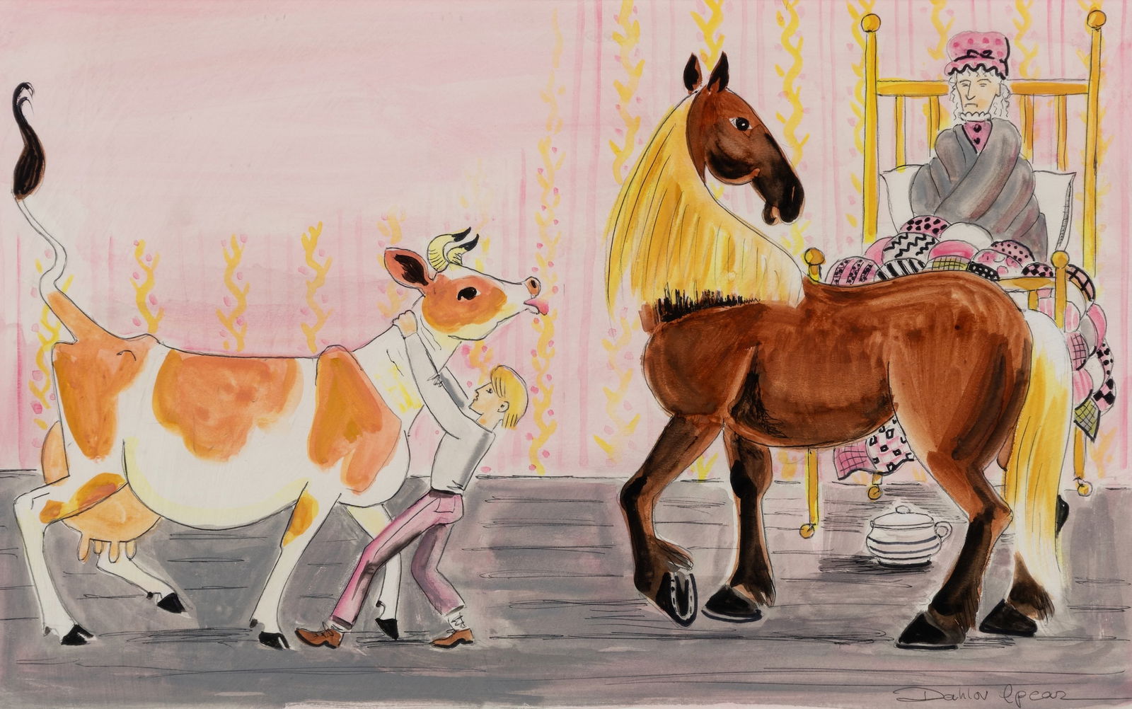 Dahlov Ipcar (Am. 1917-2017), Bedroom Invasion, 1972, Watercolor on paper, framed under glass: Dahlov Ipcar (Am. 1917-2017) Bedroom Invasion, 1972 Watercolor on paper, framed under glass Signed l.r., titled and dated on artist's label on backing 10" x 16" sight, 19 3/4" x 25 3/16" fram