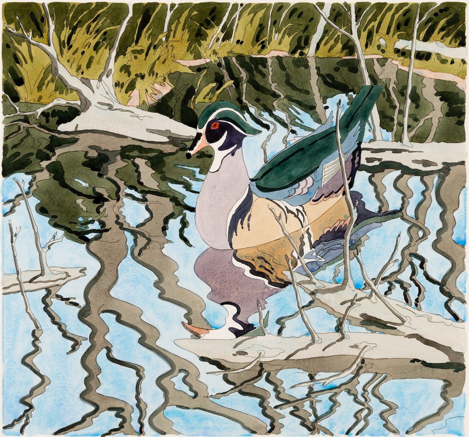 Neil Welliver (Am. 1929-2005), "Wood Duck" 1984, Hand-colored etching, framed under glass: Neil Welliver (Am. 1929-2005) "Wood Duck" 1984 Hand-colored etching, framed under glass Signed in pencil l.r., editioned "78/90" in pencil l.l., Alexandre Gallery label, Viart Corporation label, an