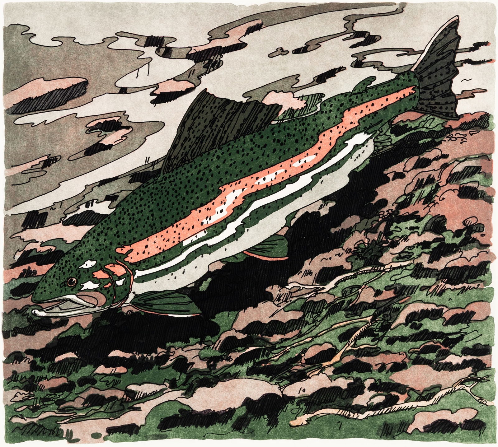 Neil Welliver (Am. 1929-2005), "Winter Rainbow" 1983, Etching and aquatint, framed under glass: Neil Welliver (Am. 1929-2005) "Winter Rainbow" 1983 Etching and aquatint, framed under glass Signed in pencil l.r., editioned "AP" in pencil l.l., Alexandre Gallery label and O'Farrell Gallery on b