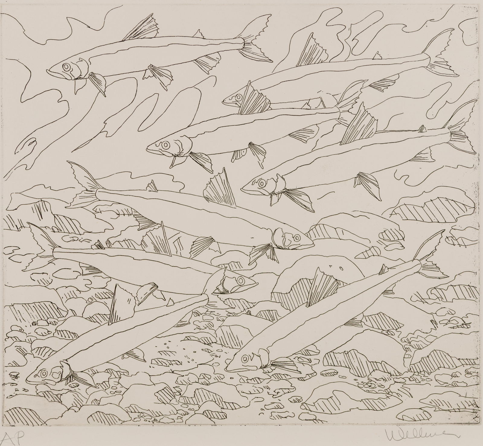 Neil Welliver (Am. 1929-2005), "Smelts" 1977, Etching, unframed: Neil Welliver (Am. 1929-2005) "Smelts" 1977 Etching, unframed Signed in pencil l.r., editioned "AP" in pencil l.l. 15 3/4" x 17 3/4" image, 22 1/4" x 25 1/4" sheet Provenan