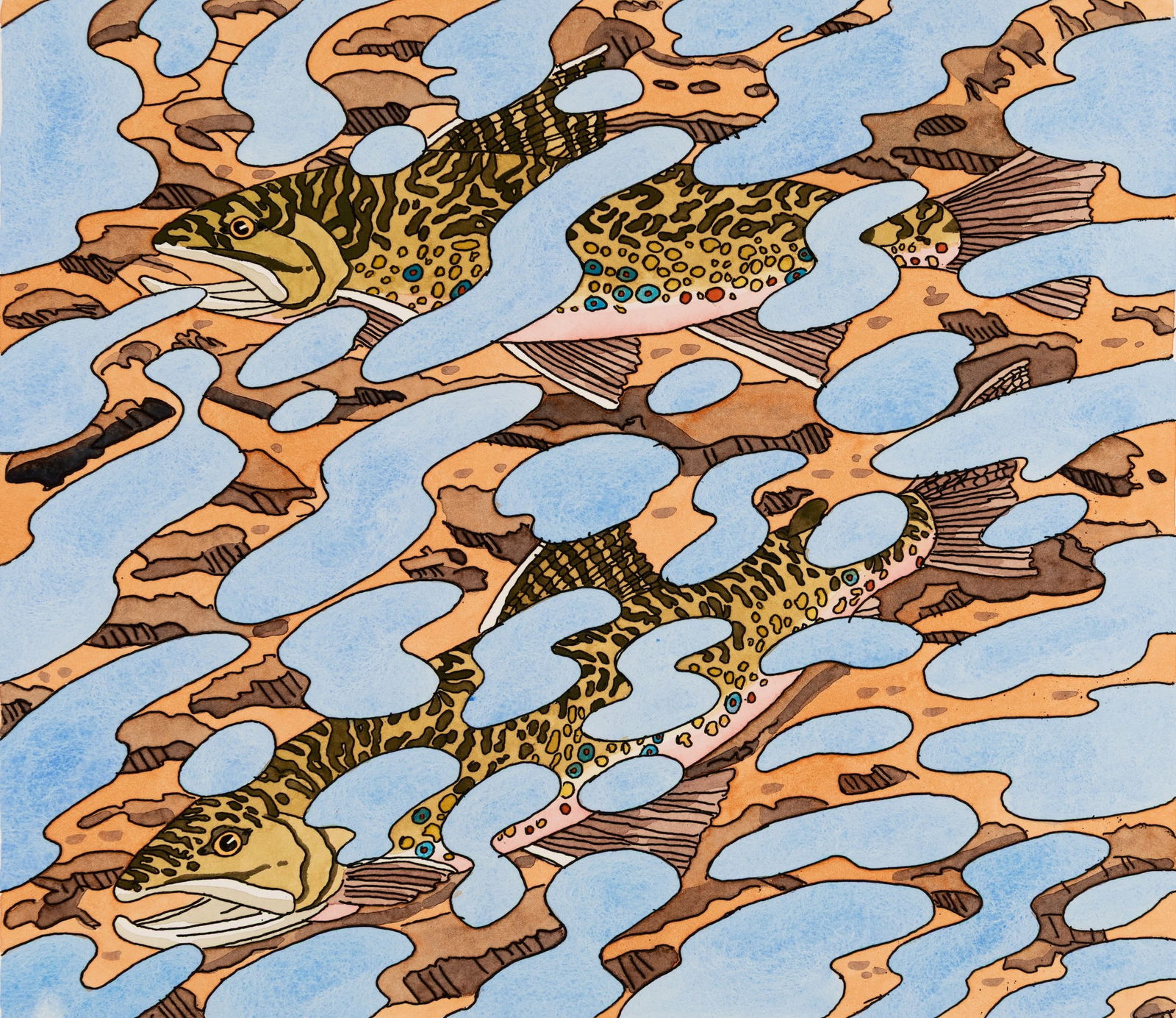 Neil Welliver (Am. 1929-2005), Two Trouts & Reflections, 1994, Hand-colored etching, matted: Neil Welliver (Am. 1929-2005) Two Trouts & Reflections, 1994 Hand-colored etching, matted Signed in pencil l.r., editioned "56/60" in pencil l.l. 15 3/4" x 17 3/4" image, 22" x 25 7/8" sheet<