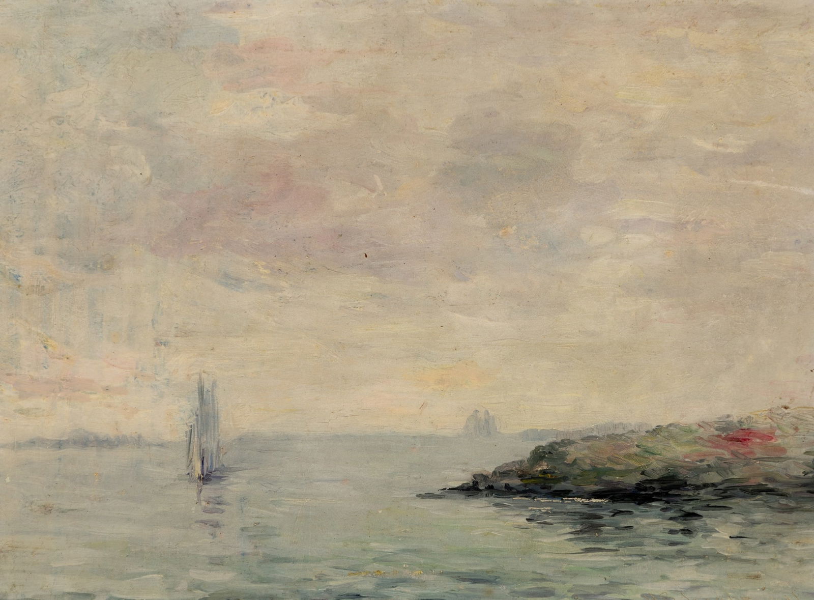 Hobart Jacobs (Am. 1851-1935), Christmas Cove Point , Oil on board, framed in Guido frame: Hobart Jacobs (Am. 1851-1935) Christmas Cove Point Oil on board, framed in Guido frame Signature incised l.r., J. W. Schermerhorn & Co. label on backing, Guido label on frame verso 10 1/2" x