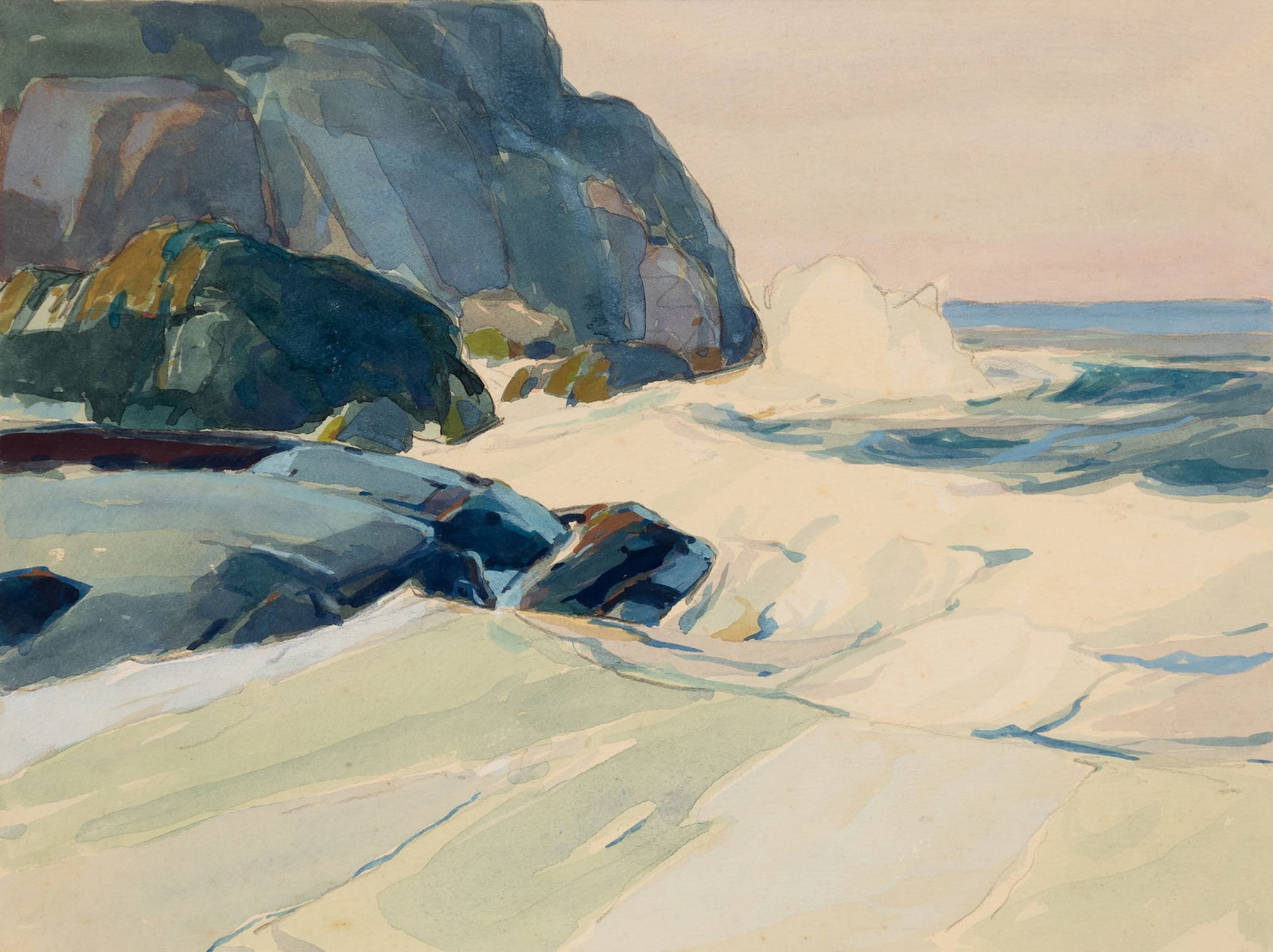 Karl Schmidt (Am. 1890-1962), Crashing Waves, Likely Monhegan, Watercolor and gouache on paper,: Karl Schmidt (Am. 1890-1962) Crashing Waves, Likely Monhegan Watercolor and gouache on paper, framed under glass Signed l.r. 9 1/2" x 12 1/2" actual, 18 1/4" x 21 1/4" framed