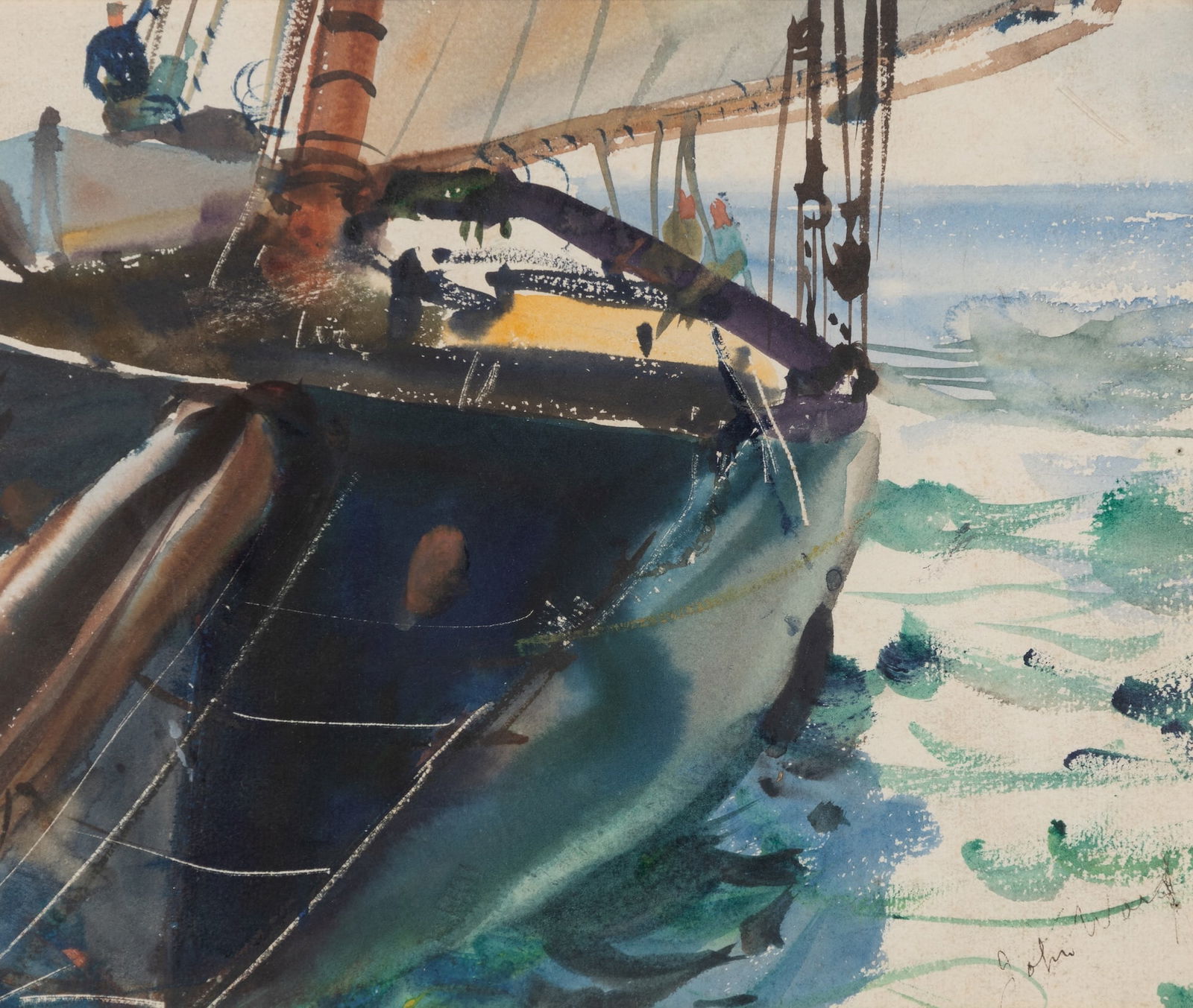 John Whorf (Am. 1903-1959), Sailboat & Erotic Scene, Double-sided watercolor on paper, framed under: John Whorf (Am. 1903-1959) Sailboat & Erotic Scene Double-sided watercolor on paper, framed under glass Signed l.r., additional signed erotic watercolor composition on verso 9" x 10 3/4" sigh