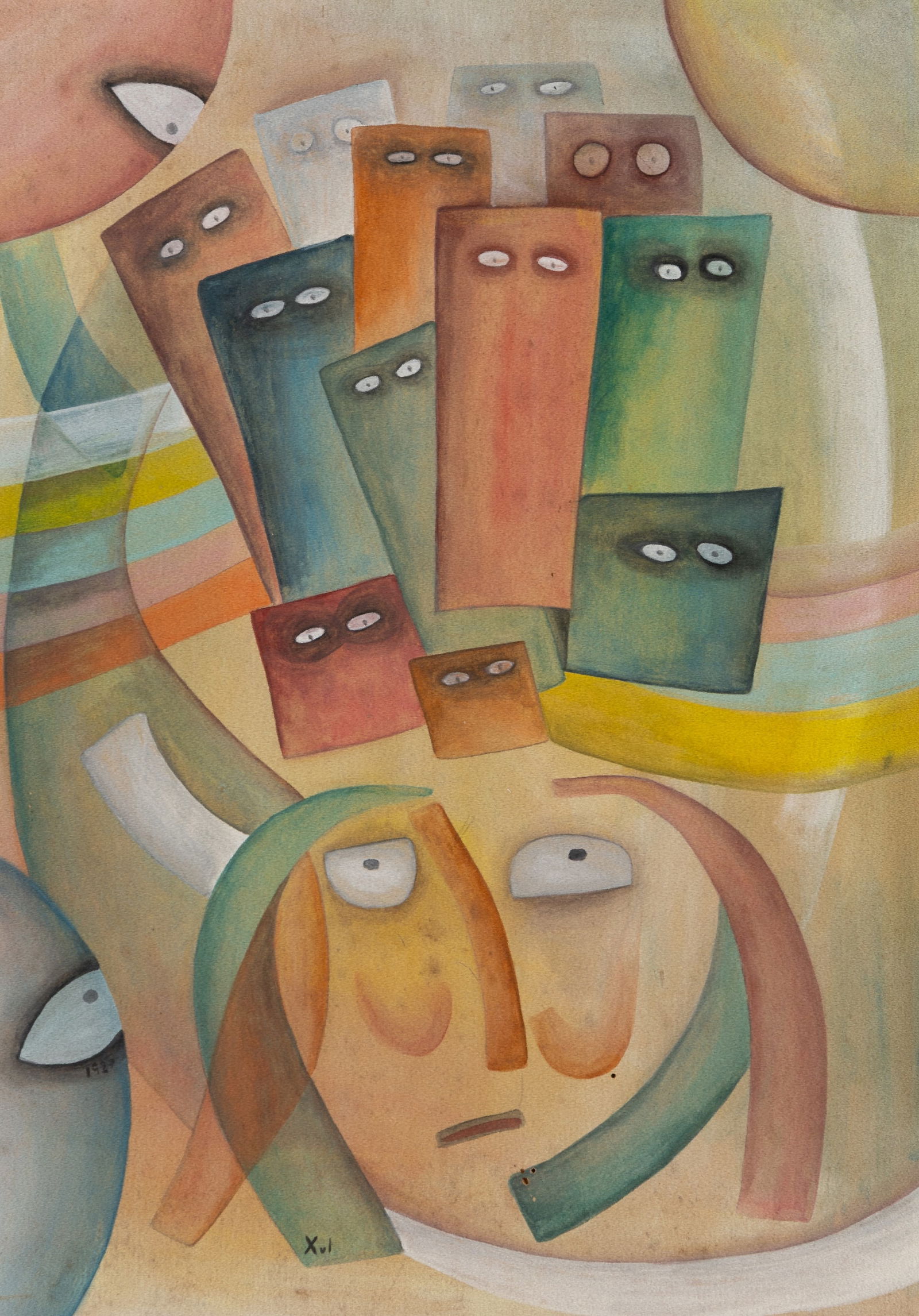 Xul Solar (Argentine 1887-1963), Caras En Movimiento, 1927, Watercolor on paper, framed under glass: Xul Solar (Argentine 1887-1963) Caras En Movimiento, 1927 Watercolor on paper, framed under glass Signed and dated l.l. 18" x 12 3/4" sight, 25 7/8" x 20 9/16" framed Prove