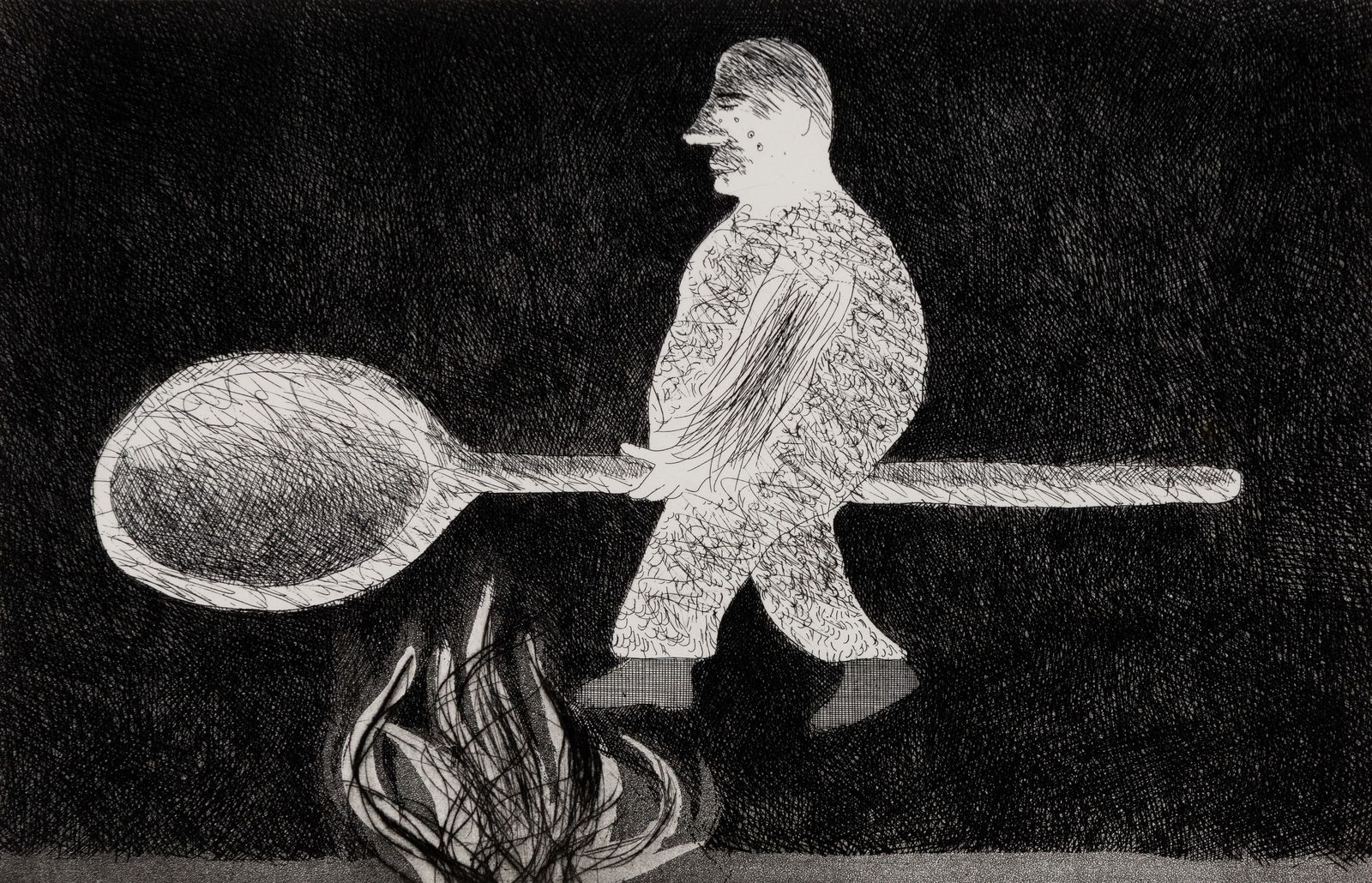 David Hockney (Am. b. 1937), "Riding Around on a Cooking Spoon", Etching, framed under glass: David Hockney (Am. b. 1937) "Riding Around on a Cooking Spoon" Etching, framed under glass Signed in pencil l.r., editioned "49/100" in pencil l.l. 8 1/2" x 12" sight, 16 7/16" x 20 3/8" fram