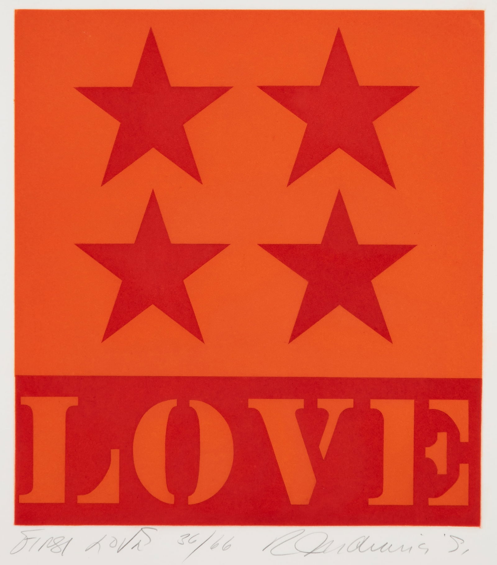 Robert Indiana (Am. 1928-2018), "First Love" 1991, Silkscreen on paper, framed under glass: Robert Indiana (Am. 1928-2018) "First Love" 1991 Silkscreen on paper, framed under glass Signed and dated in pencil l.r., titled and editioned "36/66" in pencil l.l. 27" x 20" actual, 29" x 2
