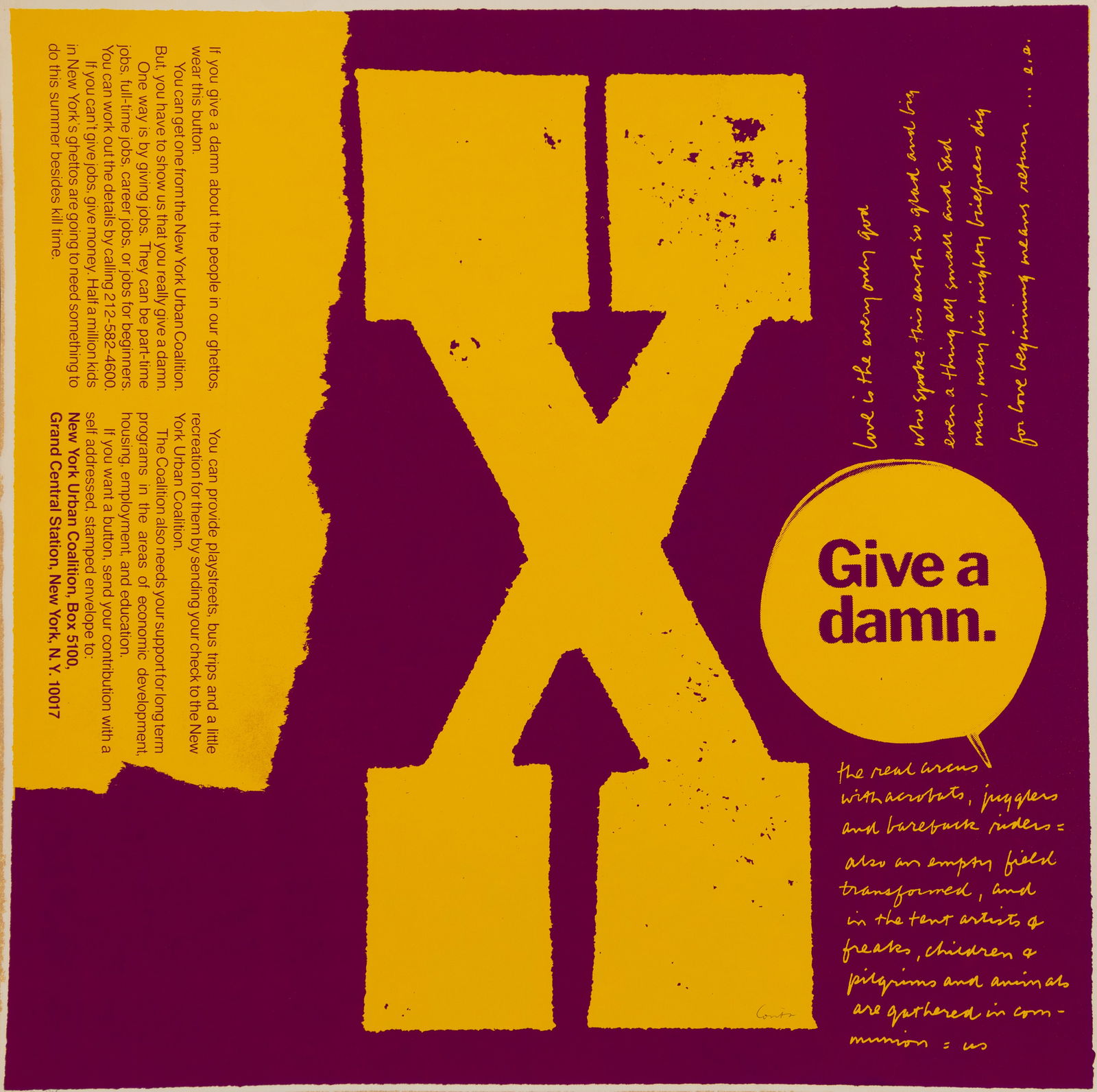 Corita Kent (Am. 1918-1986), x give a damn, 1968, Serigraph, unframed: Corita Kent (Am. 1918-1986) x give a damn, 1968 Serigraph, unframed Signed in pen l.r. 23" x 23 1/8" actual Provenance: Private collection Brooklyn, New Yor