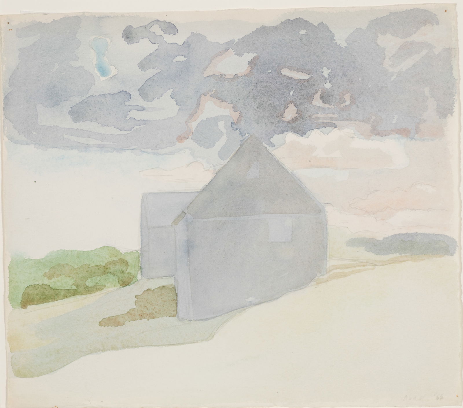 Lois Dodd (Am. b. 1927), Grey House, 1966, Watercolor on paper, framed: Lois Dodd (Am. b. 1927) Grey House, 1966 Watercolor on paper, framed Signed and dated l.r. 10" x 11 3/4" actual, 17 3/16" x 18 9/16" framed 18 Provenance: P