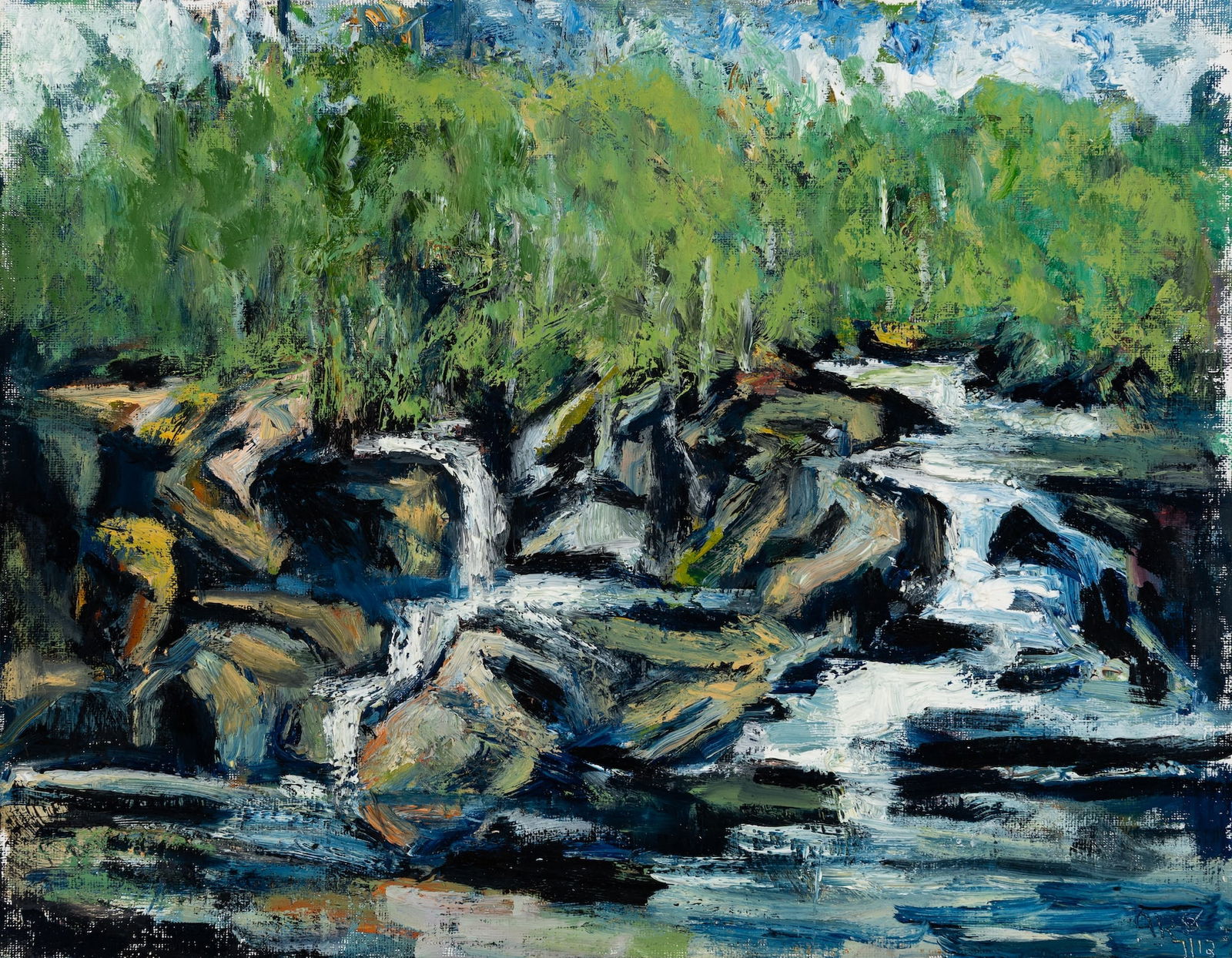 Arthur DiMambro (Am. 1928-2016), Falls on the Lamprey River, 2012, Oil on canvas board, framed: Arthur DiMambro (Am. 1928-2016) Falls on the Lamprey River, 2012 Oil on canvas board, framed Initials and date incised l.r. 14" x 18" actual, 15" x 19" framed Provenance: