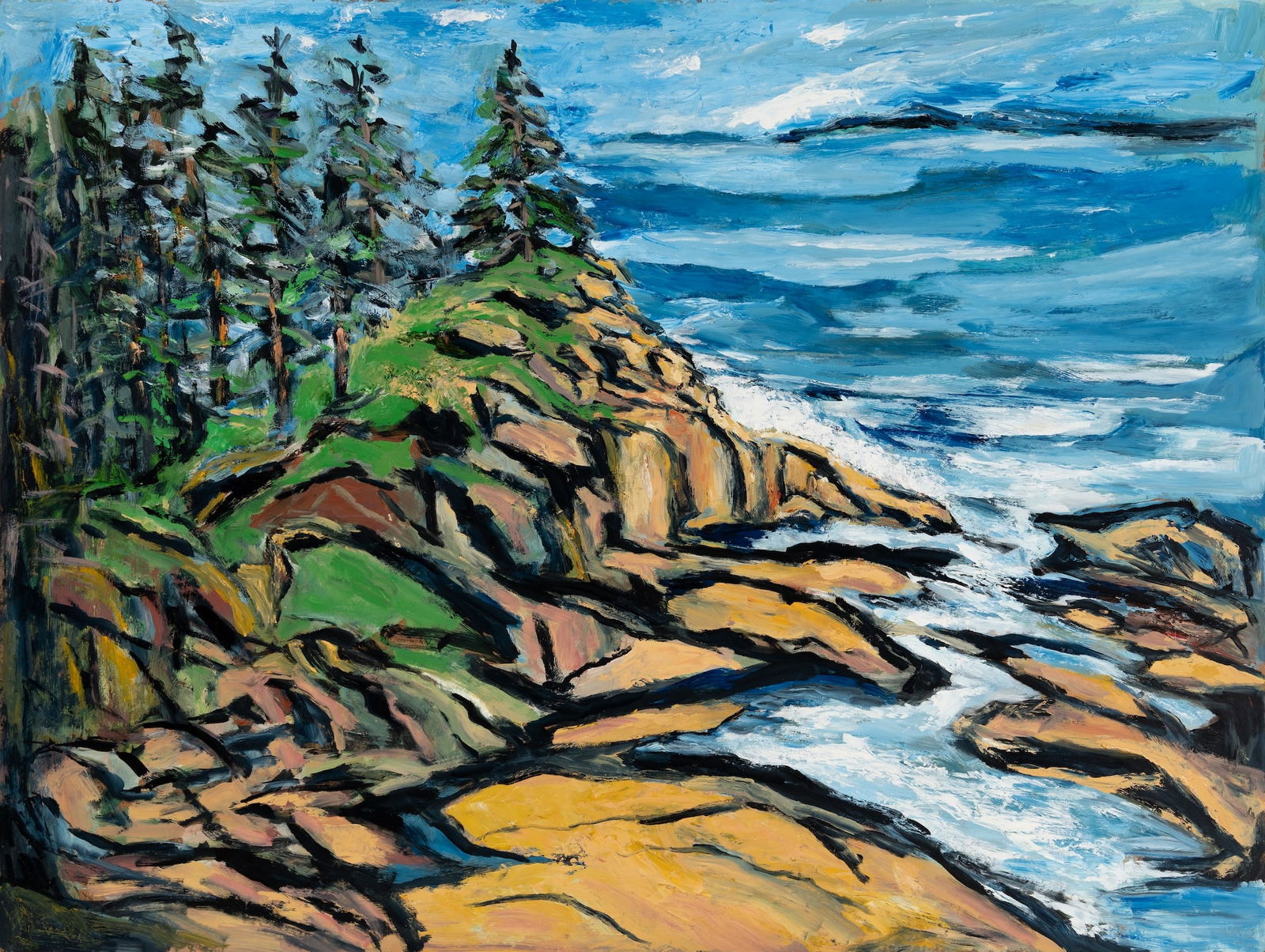 Arthur DiMambro (Am. 1928-2016), Rocky Maine Coast, 2014, Oil on masonite, unframed: Arthur DiMambro (Am. 1928-2016) Rocky Maine Coast, 2014 Oil on masonite, unframed Signature and date incised l.r., estate inventory label on verso 36 1/4" x 48 1/8" actual