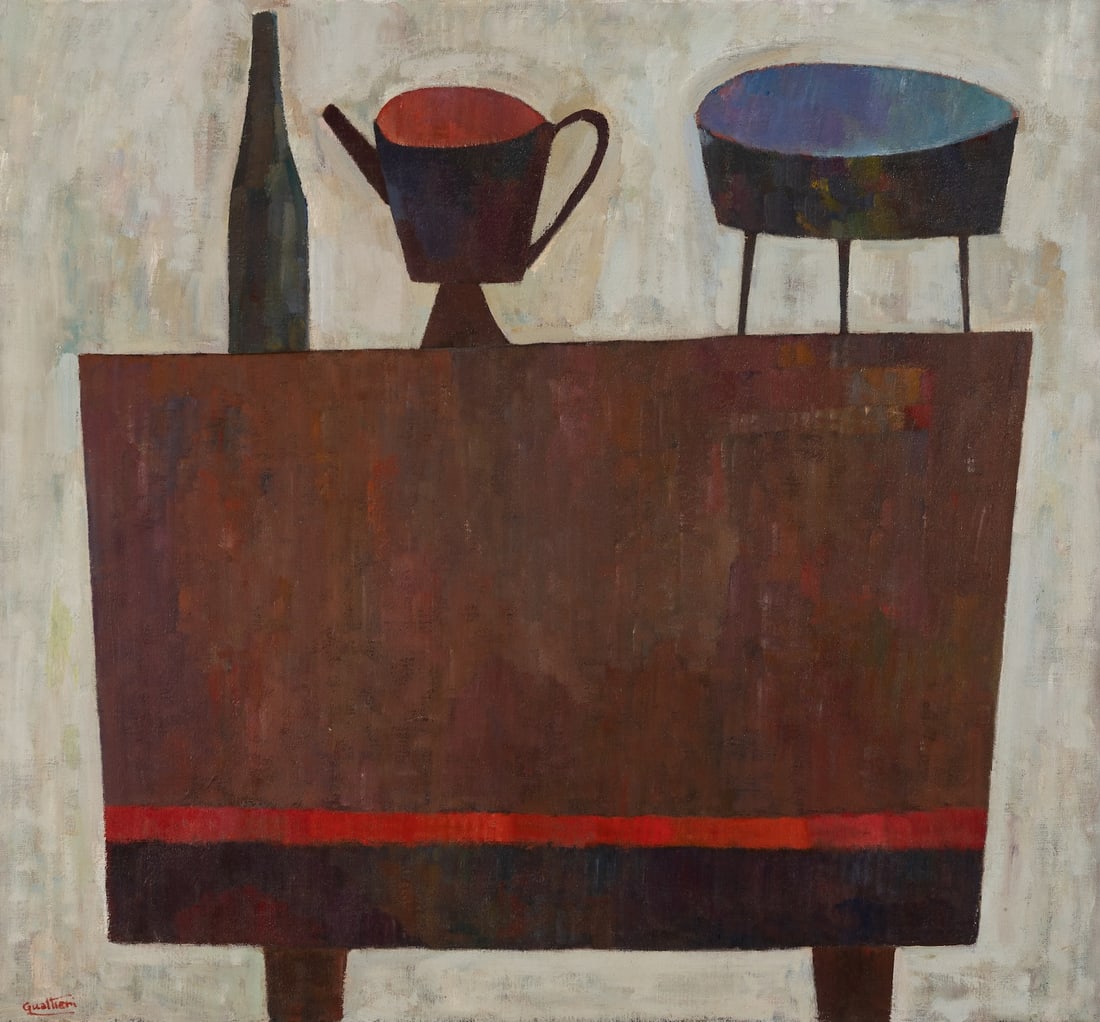 Joseph Gualtieri (Am. 1916-2015), "The Table" c. 1945, Oil on canvas, framed: Joseph Gualtieri (Am. 1916-2015) "The Table" c. 1945 Oil on canvas, framed Signed l.l., signed, dated, Mystic Art Association exhibition label, and Barridoff Auctions label on stretcher verso