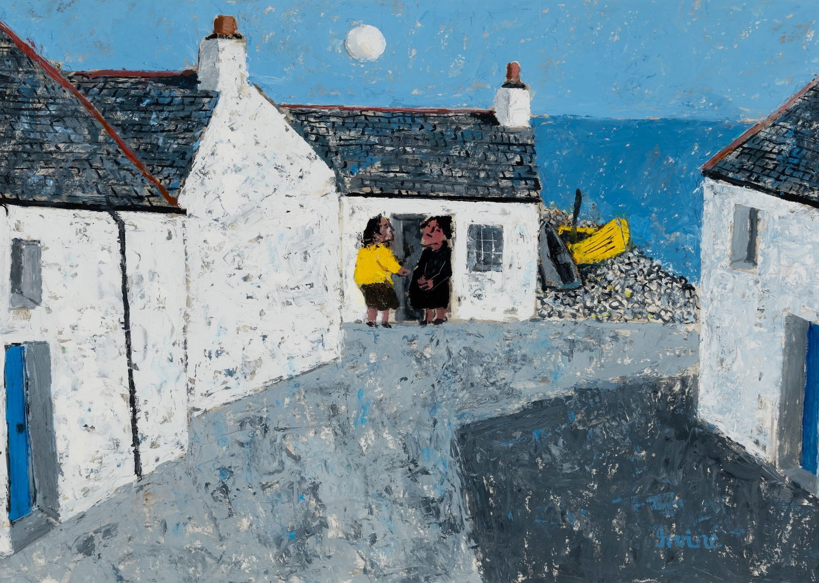 William Irvine (Am./Scottish b. 1931), "Morning Gossip (Ullapool, Scotland)", Oil on board, framed: William Irvine (Am./Scottish b. 1931) "Morning Gossip (Ullapool, Scotland)" Oil on board, framed Signed l.r., attributed and titled on verso 24 13/16" x 34 15/16" sight, 31 3/16" x 41 3/16" f