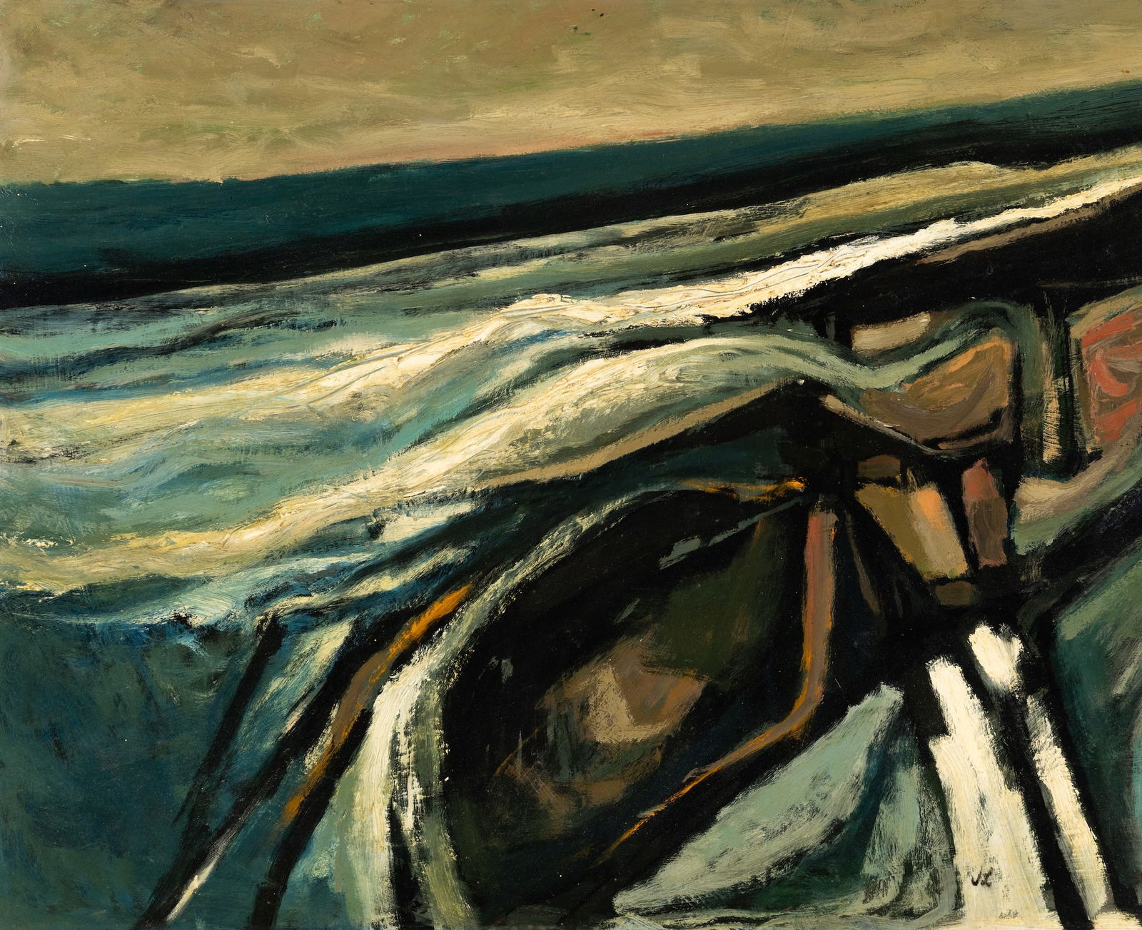 John Laurent (Am. 1921-2005), Sky Before the Storm, 1962, Oil on board, framed: John Laurent (Am. 1921-2005) Sky Before the Storm, 1962 Oil on board, framed Initialed l.r., dated on Pinetree Designs label on backing 24" x 29 1/2" actual, 28 1/8" x 33 3/4" framed