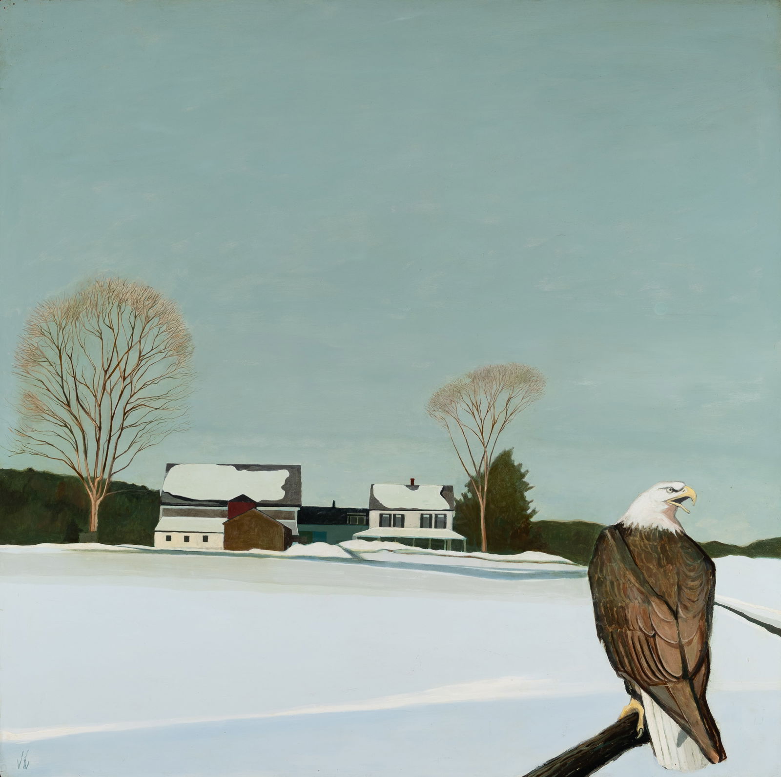 John Laurent (Am. 1921-2005), "Eagle at Mill Lane" 1977, Oil and acrylic on masonite, framed: John Laurent (Am. 1921-2005) "Eagle at Mill Lane" 1977 Oil and acrylic on masonite, framed Initialed l.l., signed, titled, and dated on verso 48" x 48" actual, 49 1/8" x 49 3/16" framed