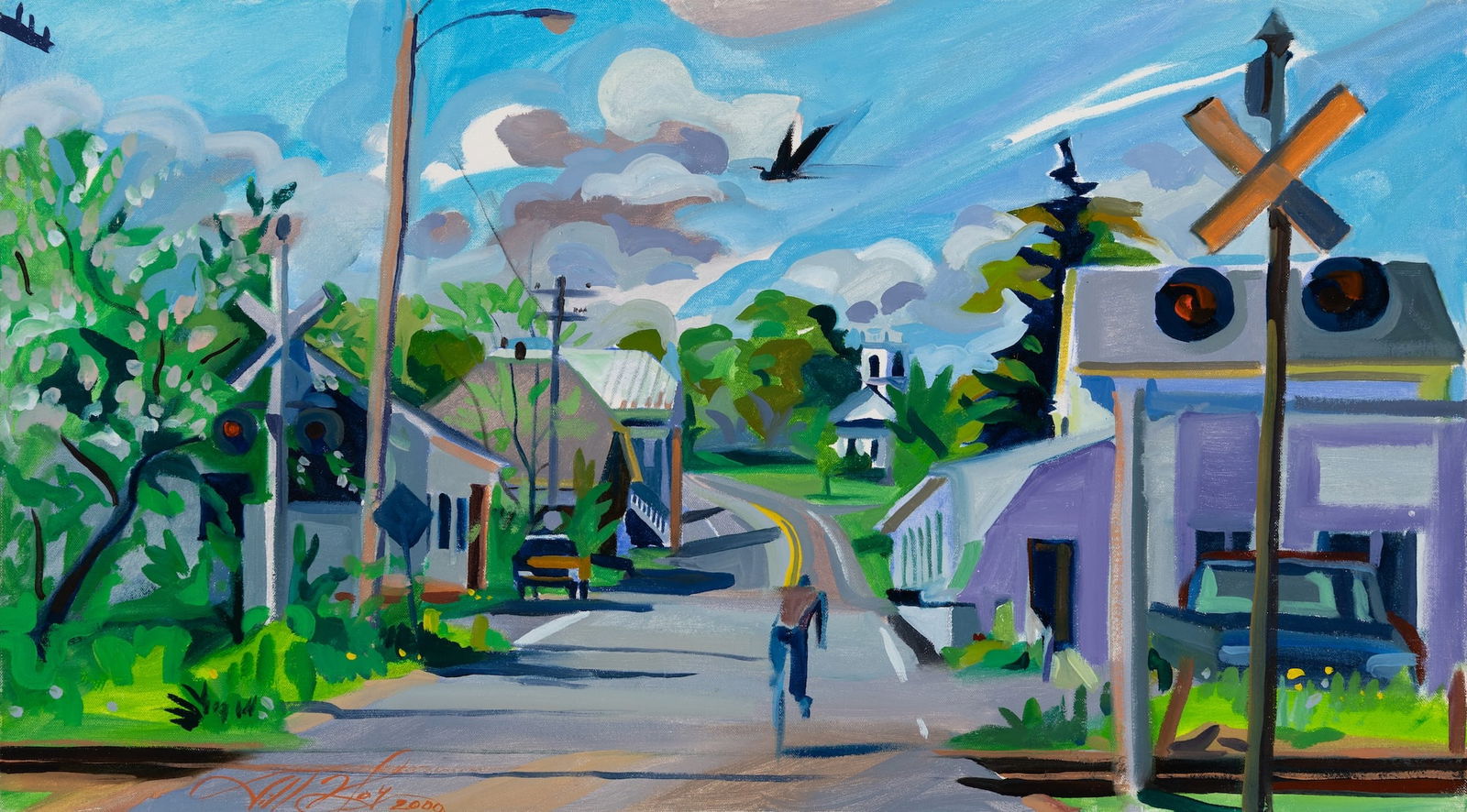 Jill Hoy (Am. b. 1954), Bowdoinham Biker in Tracks, 2000, Oil on canvas, unframed: Jill Hoy (Am. b. 1954) Bowdoinham Biker in Tracks, 2000 Oil on canvas, unframed Signed and dated l.l., exhibition label attached to verso 18" x 32" actual Provenance: