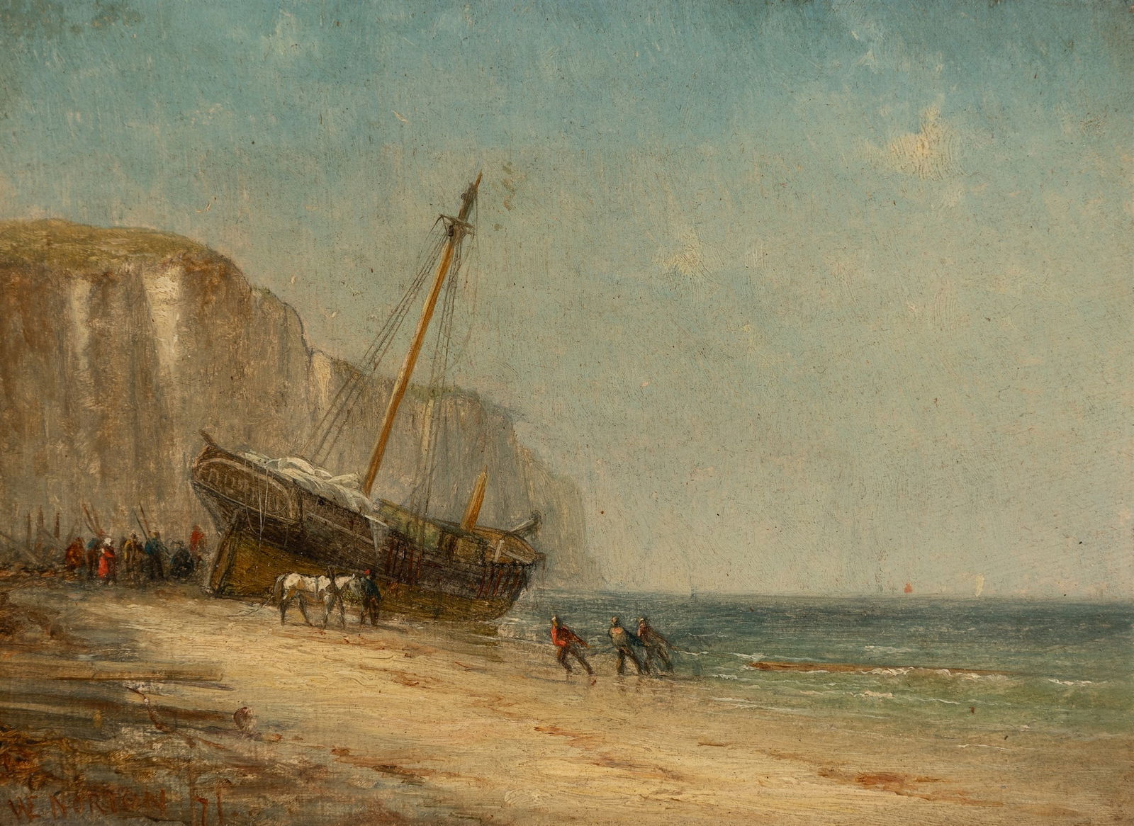 William E. Norton (Am. 1843-1916), Ship Launch, 1871, Oil on panel, framed: William E. Norton (Am. 1843-1916) Ship Launch, 1871 Oil on panel, framed Signed and dated l.l., Doll & Richards Fine Art gallery label on frame verso 5 3/4" x 7 5/8" actual, 11 1/2" x 13 1/2