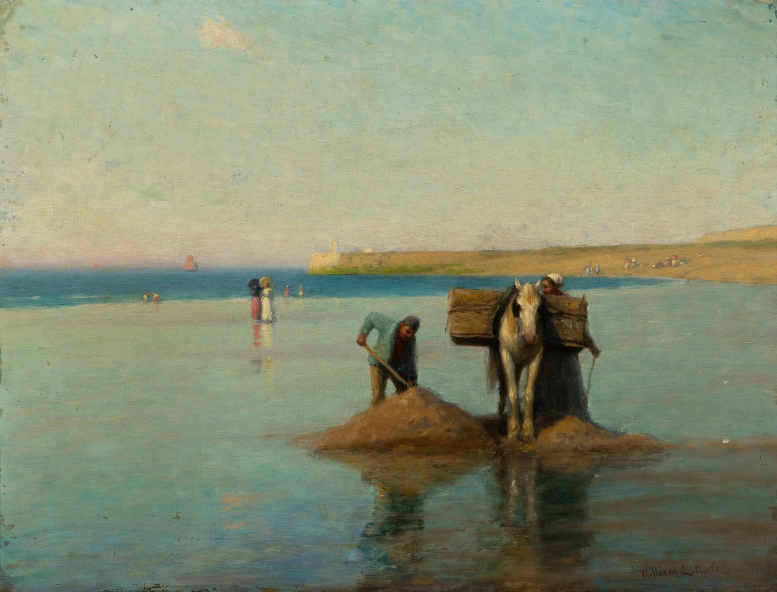 William E. Norton (Am. 1843-1916), "Sand Merchant" Dieppe, Canada , Oil on canvas, framed: William E. Norton (Am. 1843-1916) "Sand Merchant" Dieppe, Canada Oil on canvas, framed Signed l.r., titled on gallery label attached to stretcher verso 23" x 30" actual, 28" x 35 1/8" frame