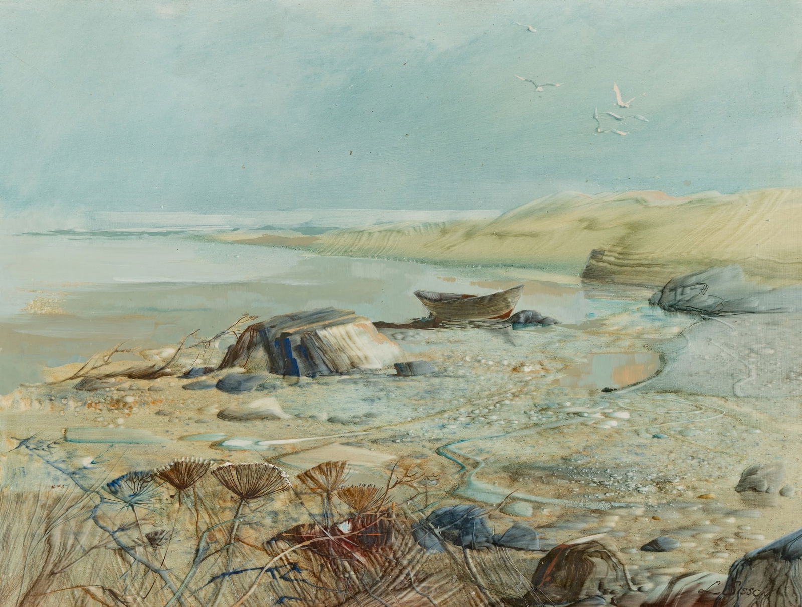 Laurence Sisson (Am. b. 1928), Low Tide, Oil on masonite, framed: Laurence Sisson (Am. b. 1928) Low Tide Oil on masonite, framed Signed l.r. 18 1/8" x 23 15/16" actual, 24 7/8" x 30 15/16" framed Provenance: Private colle
