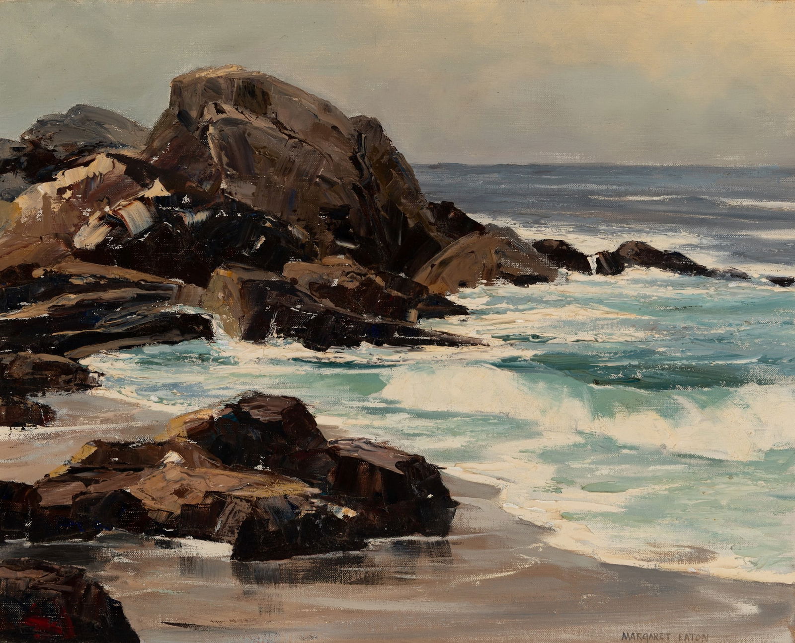 Margaret Eaton (Am. 1871-1953), "Moss Point", Oil on canvas, framed: Margaret Eaton (Am. 1871-1953) "Moss Point" Oil on canvas, framed Signed l.r., titled on stretcher verso, Daytona Beach Art League label attached to stretcher verso, exhibition label attached to fr