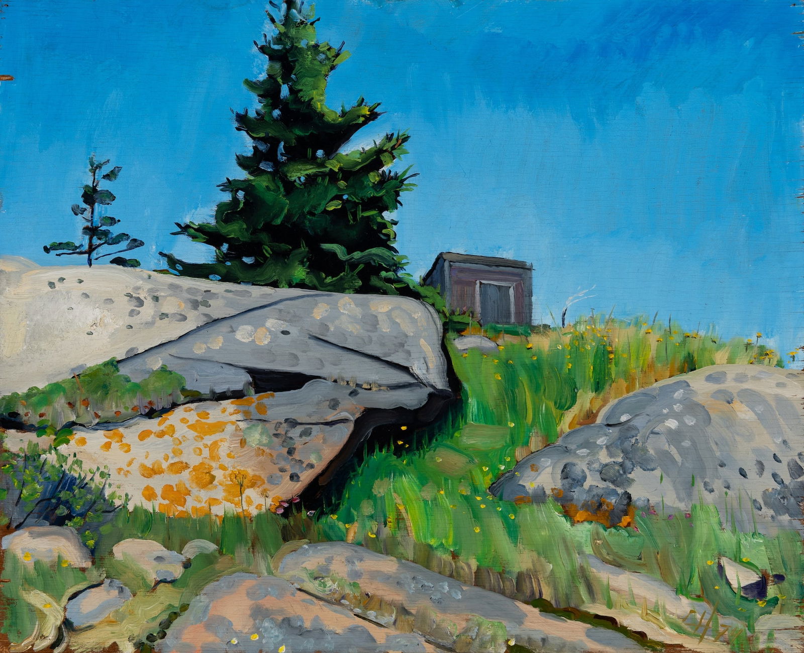 Chris Huntington (Am. b. 1938), "Island Out House" Wheaton's Island, 1974, Oil on panel, unframed: Chris Huntington (Am. b. 1938) "Island Out House" Wheaton's Island, 1974 Oil on panel, unframed Initialed and dated l.r., titled, dated, Frost Gully Gallery label, and exhibition label on verso
