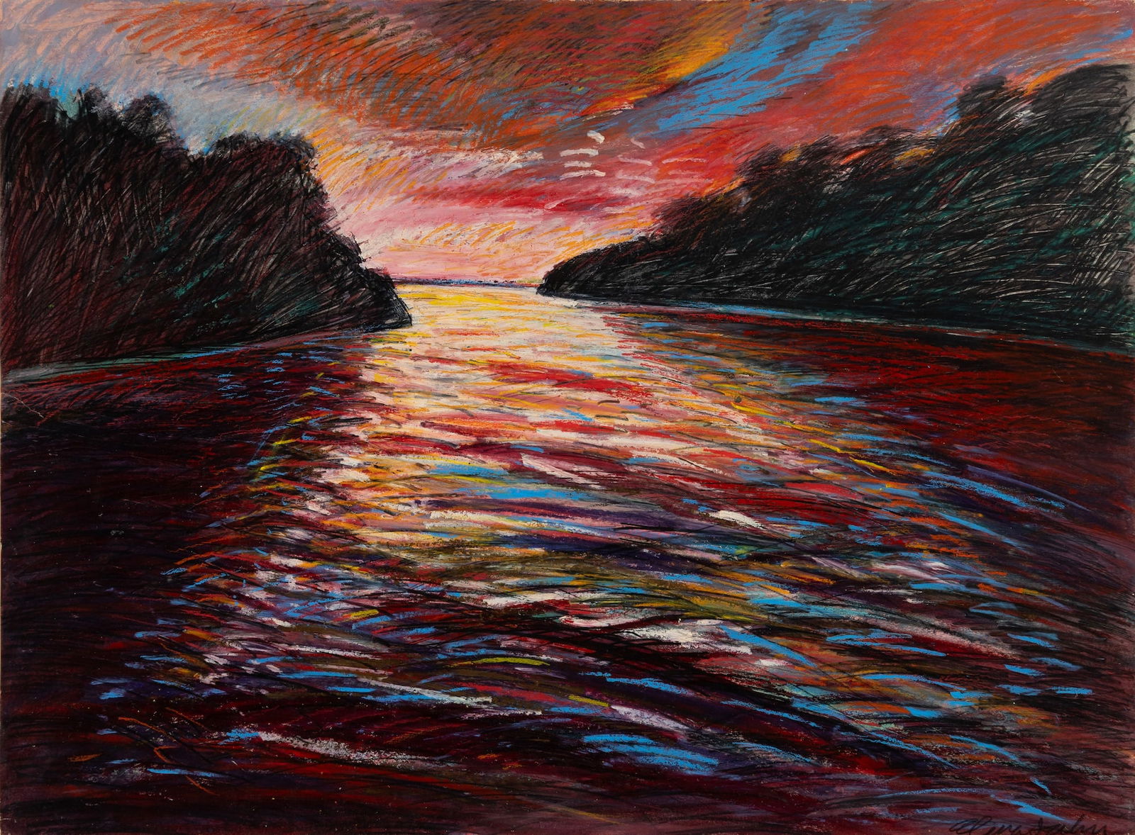 Elena Jahn (Am. 1938-2014), "Sunset, Mangrove" Puerto Rico, 1991, Mixed media on paper, unframed: Elena Jahn (Am. 1938-2014) "Sunset, Mangrove" Puerto Rico, 1991 Mixed media on paper, unframed Signed l.r., signed, titled, dated, and exhibition label on verso 22 1/2" x 30" actual <