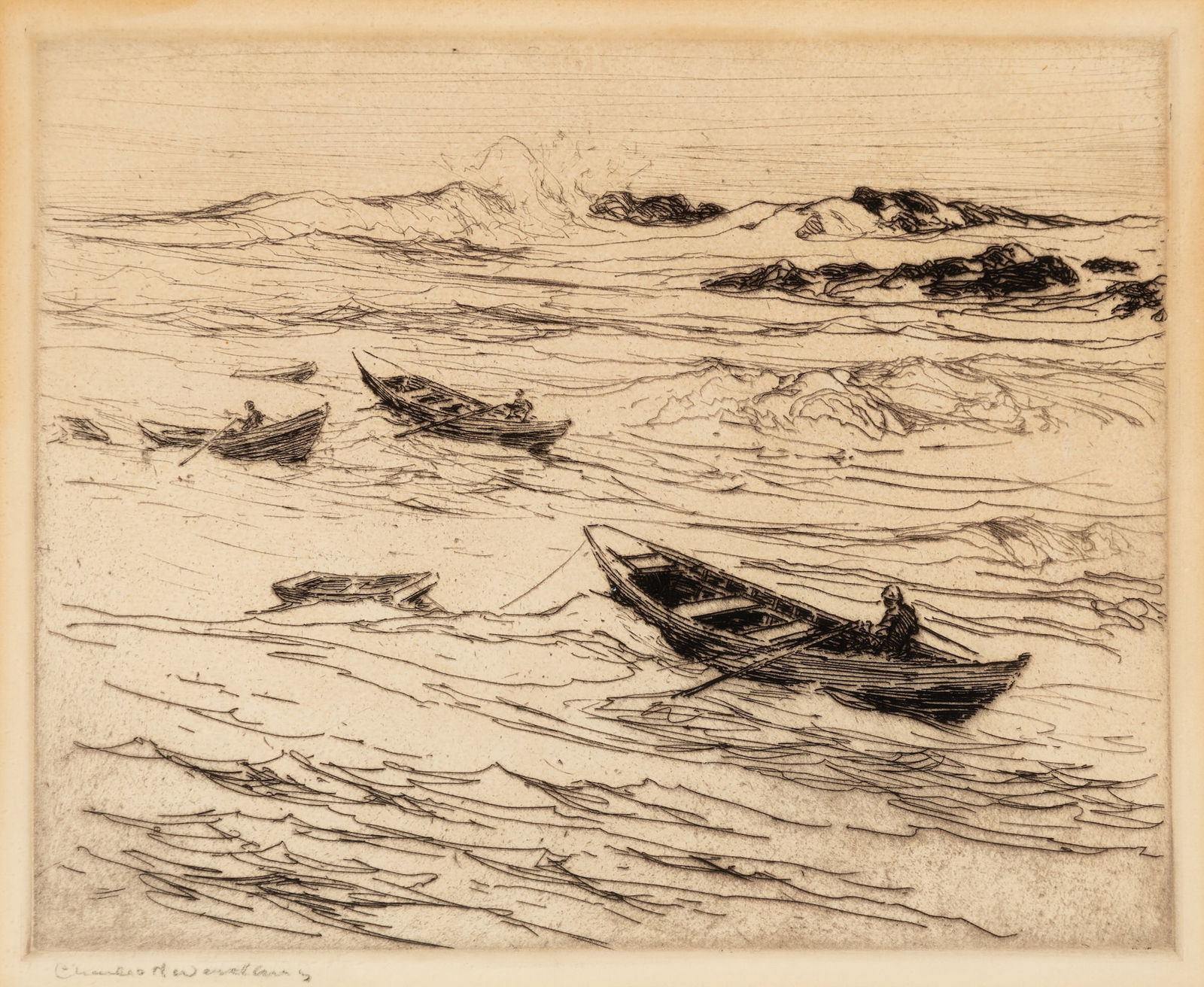 Charles Herbert Woodbury (Am. 1864-1940), "Easterly Coming" 1925, Etching, framed under glass: Charles Herbert Woodbury (Am. 1864-1940) "Easterly Coming" 1925 Etching, framed under glass Signed in pencil l.l. 9 1/2" x 11 1/2" sight, 16" x 17 1/2" framed Provenance: <