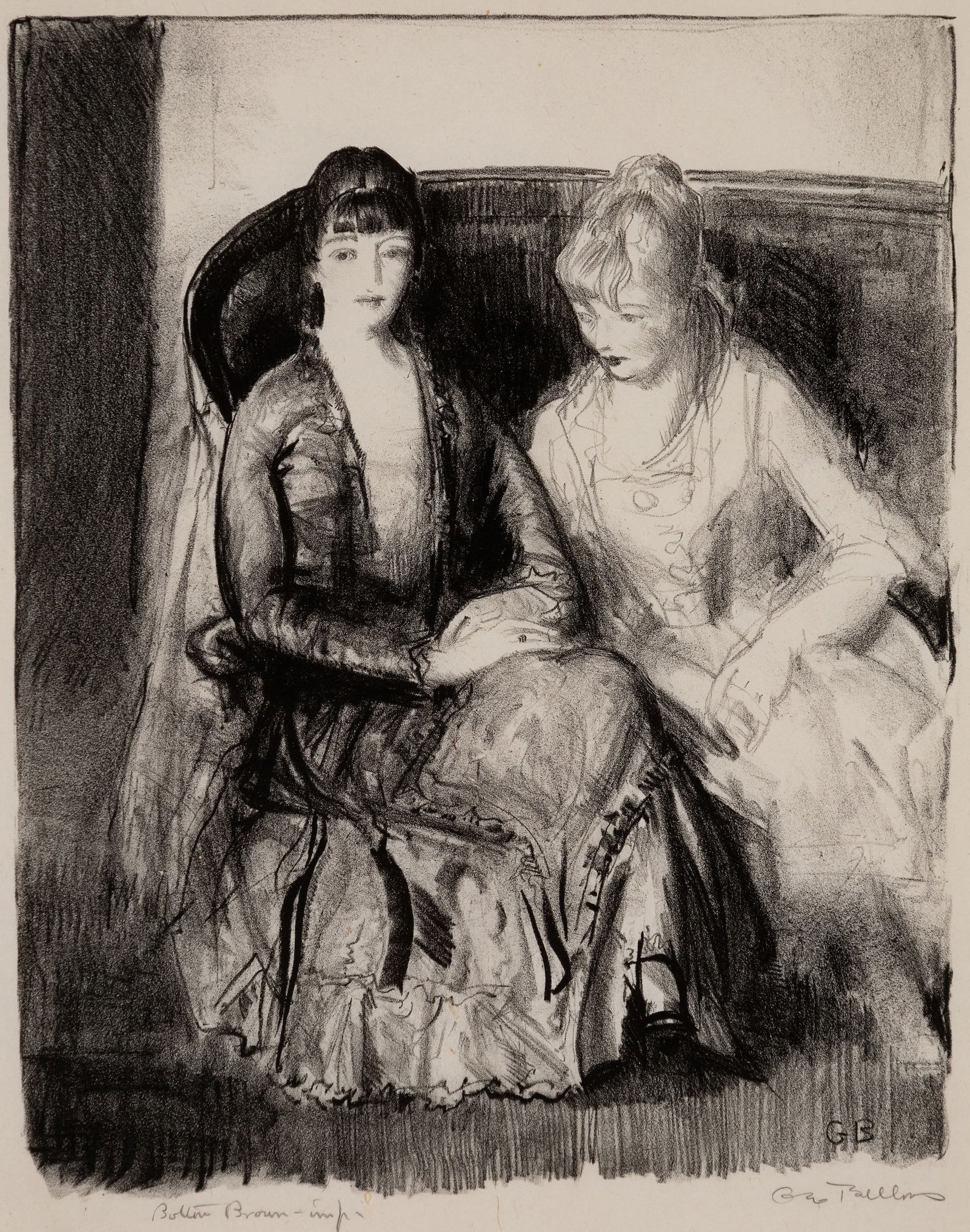 George Bellows (Am. 1882-1925), Emma and Marjorie on a Sofa, 1921, Lithograph, framed under glass: George Bellows (Am. 1882-1925) Emma and Marjorie on a Sofa, 1921 Lithograph, framed under glass Signed in pencil and initialed in plate l.r., inscribed "Bolton Brown, imp." in pencil l.l. 11