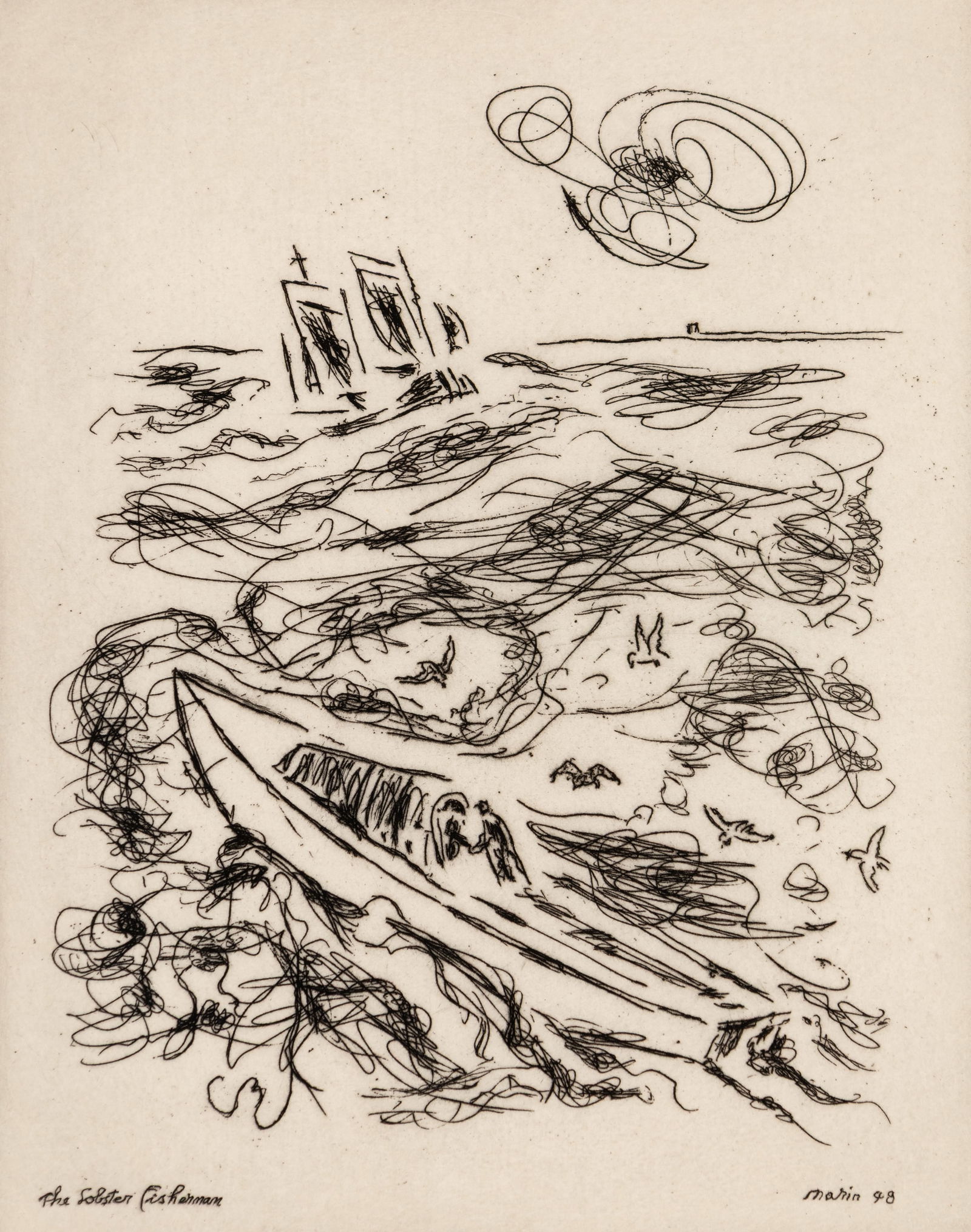 John Marin (Am. 1870-1953), "The Lobster Fisherman" 1948, Etching on paper, framed under glass: John Marin (Am. 1870-1953) "The Lobster Fisherman" 1948 Etching on paper, framed under glass Signed in pencil and signed and dated in plate l.r., titled in plate l.l., Swan Gallery label on backing