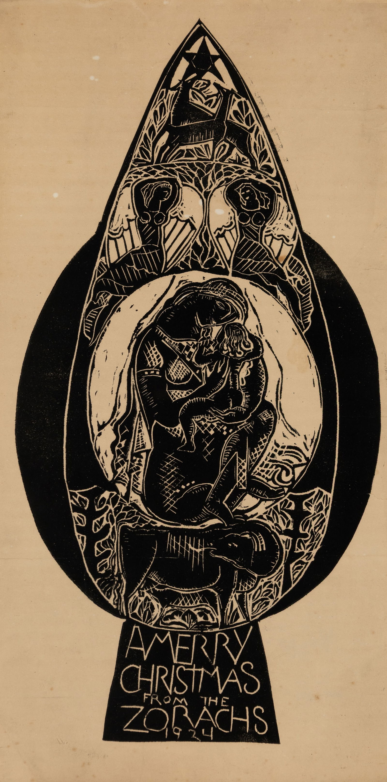 William Zorach (Am. 1887-1966), "A Merry Christmas from the Zorachs" 1924, Woodblock print, framed: William Zorach (Am. 1887-1966) "A Merry Christmas from the Zorachs" 1924 Woodblock print, framed under glass Unsigned, titled and dated l.c. 19 5/8" x 10 1/8" sight, 21 5/8" x 12 1/8" framed<