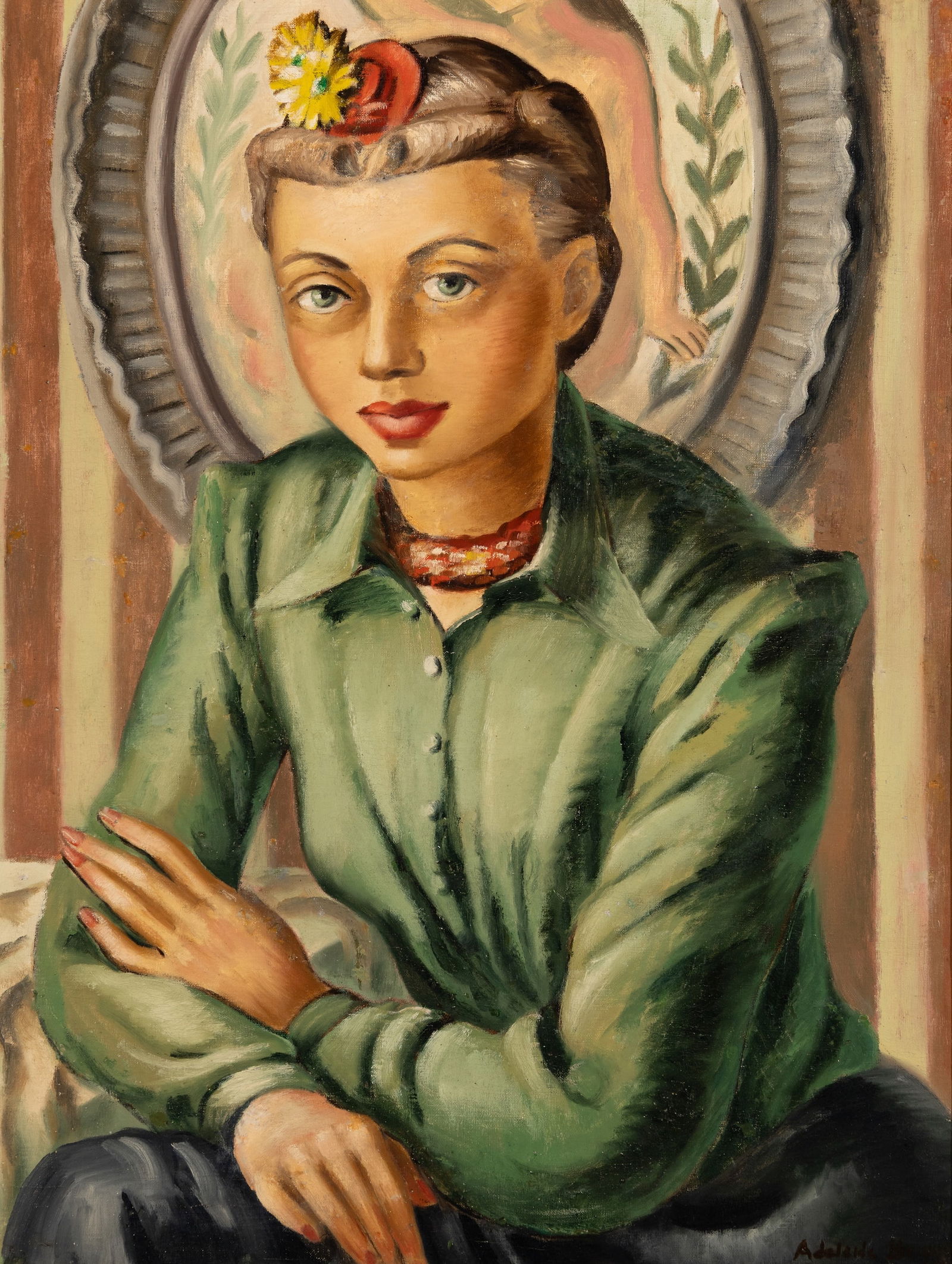 Adelaide Briggs (Am. 1918-2004), Portrait of a Woman in Green, c. 1940, Oil on linen, framed: Adelaide Briggs (Am. 1918-2004) Portrait of a Woman in Green, c. 1940 Oil on linen, framed Signed l.r. 28 1/4" x 21 5/8" actual, 29 7/8" x 23 5/16" framed Provenance: