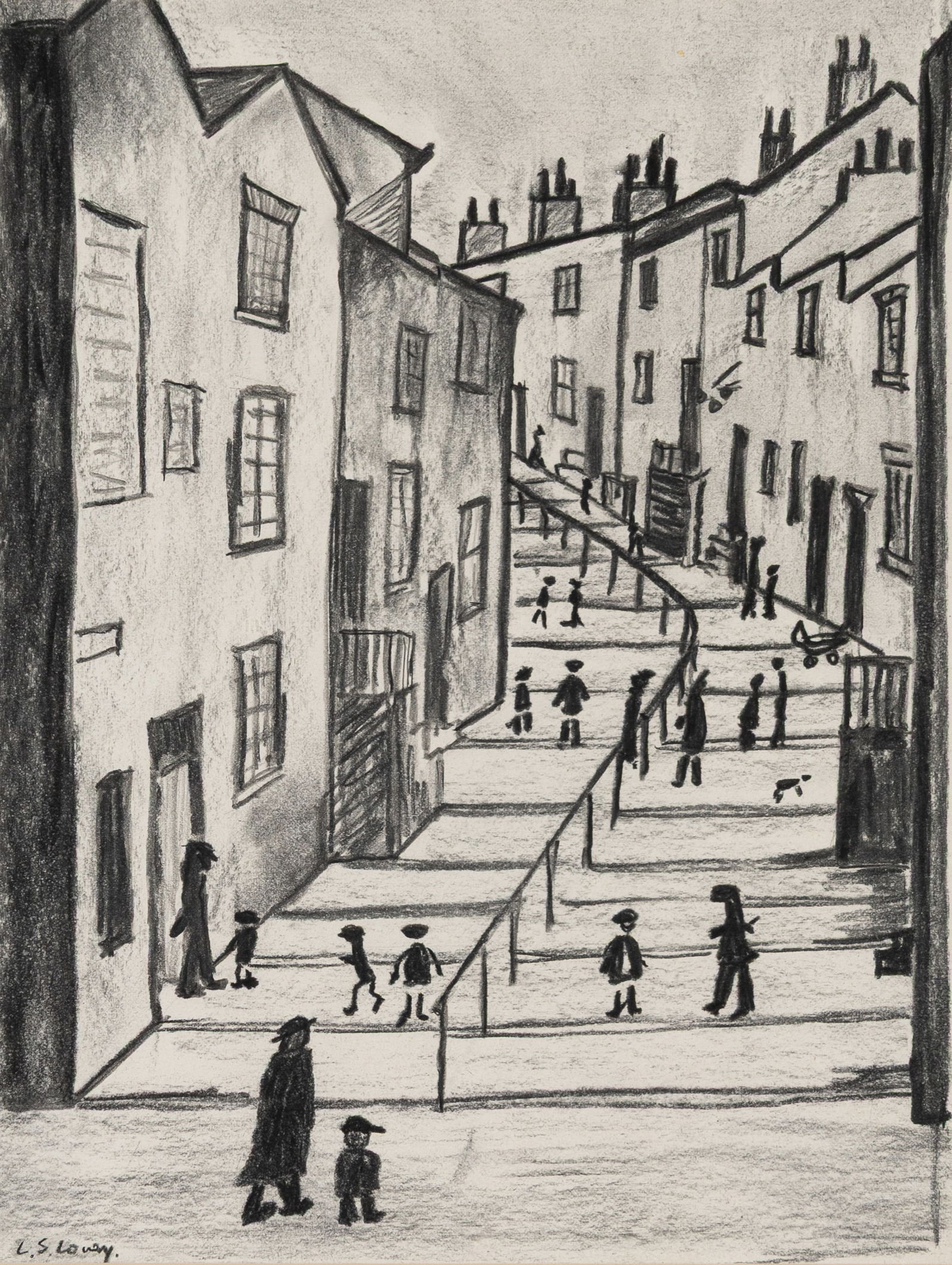 L. S. Lowry (Br. 1887-1976), Crowther Street, Stockport, Charcoal on paper, framed under glass: L. S. Lowry (Br. 1887-1976) Crowther Street, Stockport Charcoal on paper, framed under glass Signed l.l. 16 1/2" x 11 1/2" actual, 23 5/8" x 19 9/16" framed Provenance: