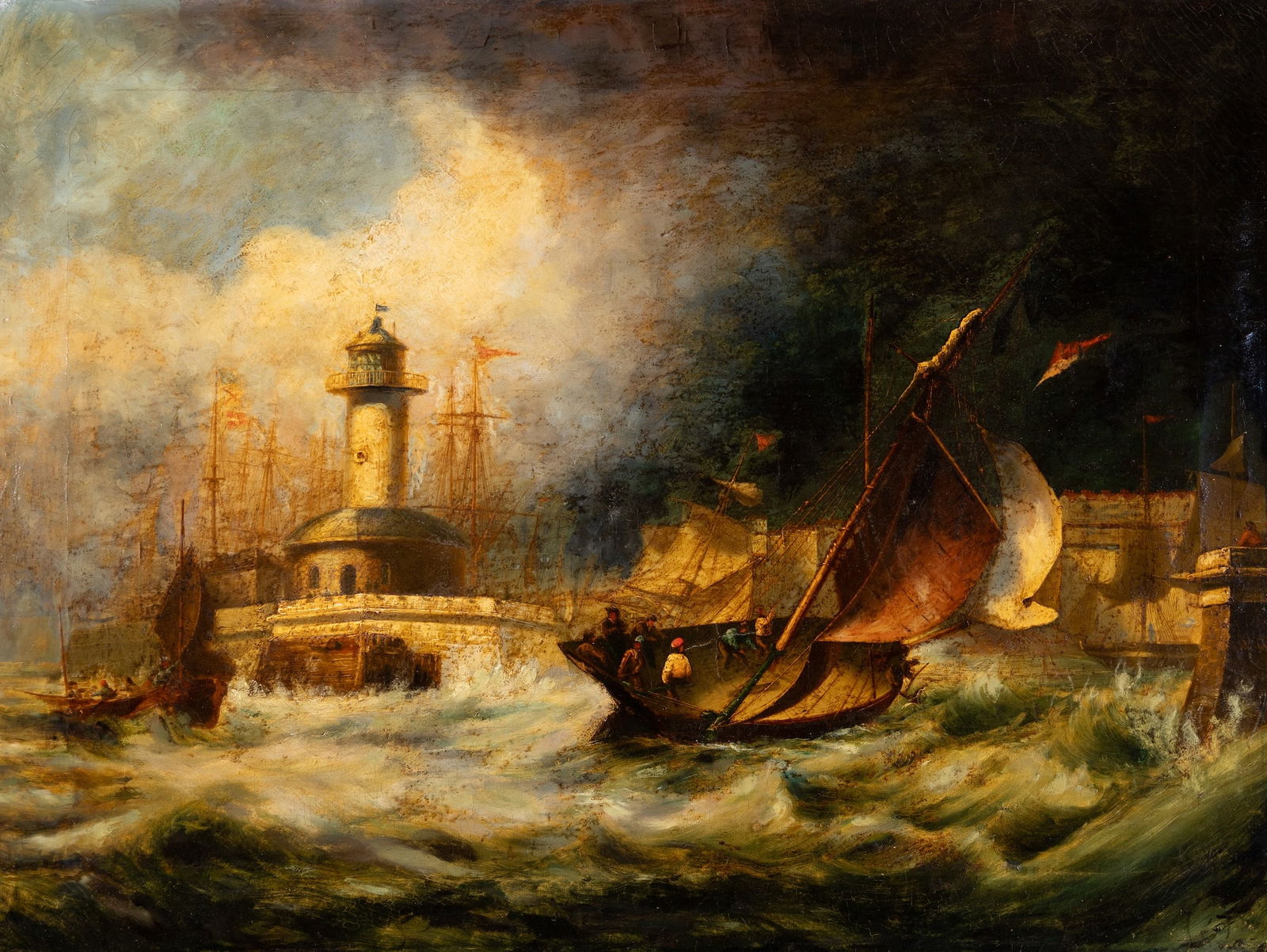 British School , Storming Coast, Oil on canvas, framed: British School Storming Coast Oil on canvas, framed Unsigned 26" x 34 1/2" sight, 29" x 37 1/2" framed Provenance: Private collection Yarmouth, Maine