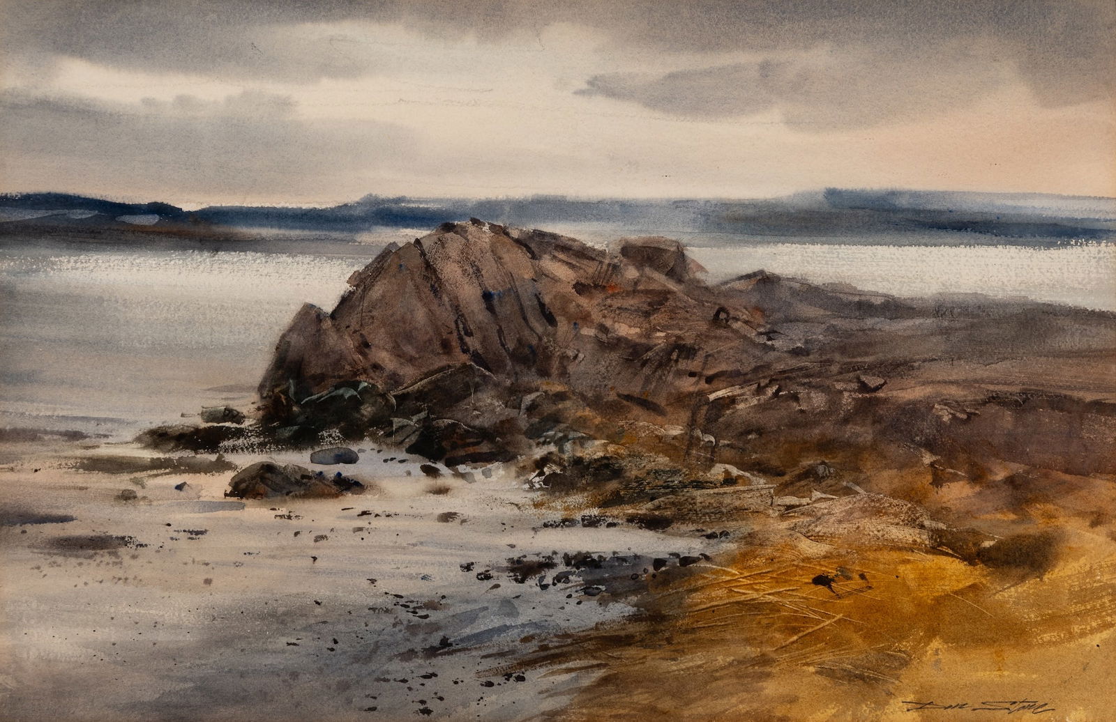 Don Stone (Am. 1929-2015), "Rocks and Sea", Watercolor on paper, framed under glass: Don Stone (Am. 1929-2015) "Rocks and Sea" Watercolor on paper, framed under glass Signed l.r., Elizabeth Moss Galleries label on backing 13 1/2" x 21 1/2" actual, 22 1/8" x 29 3/4" framed