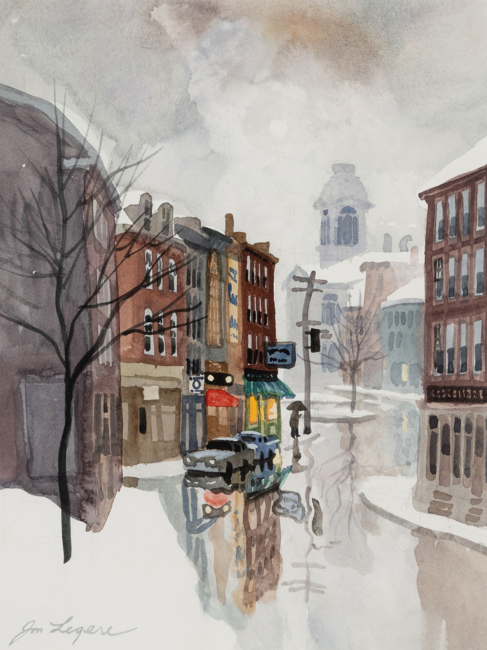 Jon Legere (Am. 1944-1996), "Fore Street", Watercolor on paper, framed under glass: Jon Legere (Am. 1944-1996) "Fore Street" Watercolor on paper, framed under glass Signed l.l., titled in letter from the Artist attached to hanging wire 12 1/8" x 9 1/4" sight, 20 3/16" x 16 3