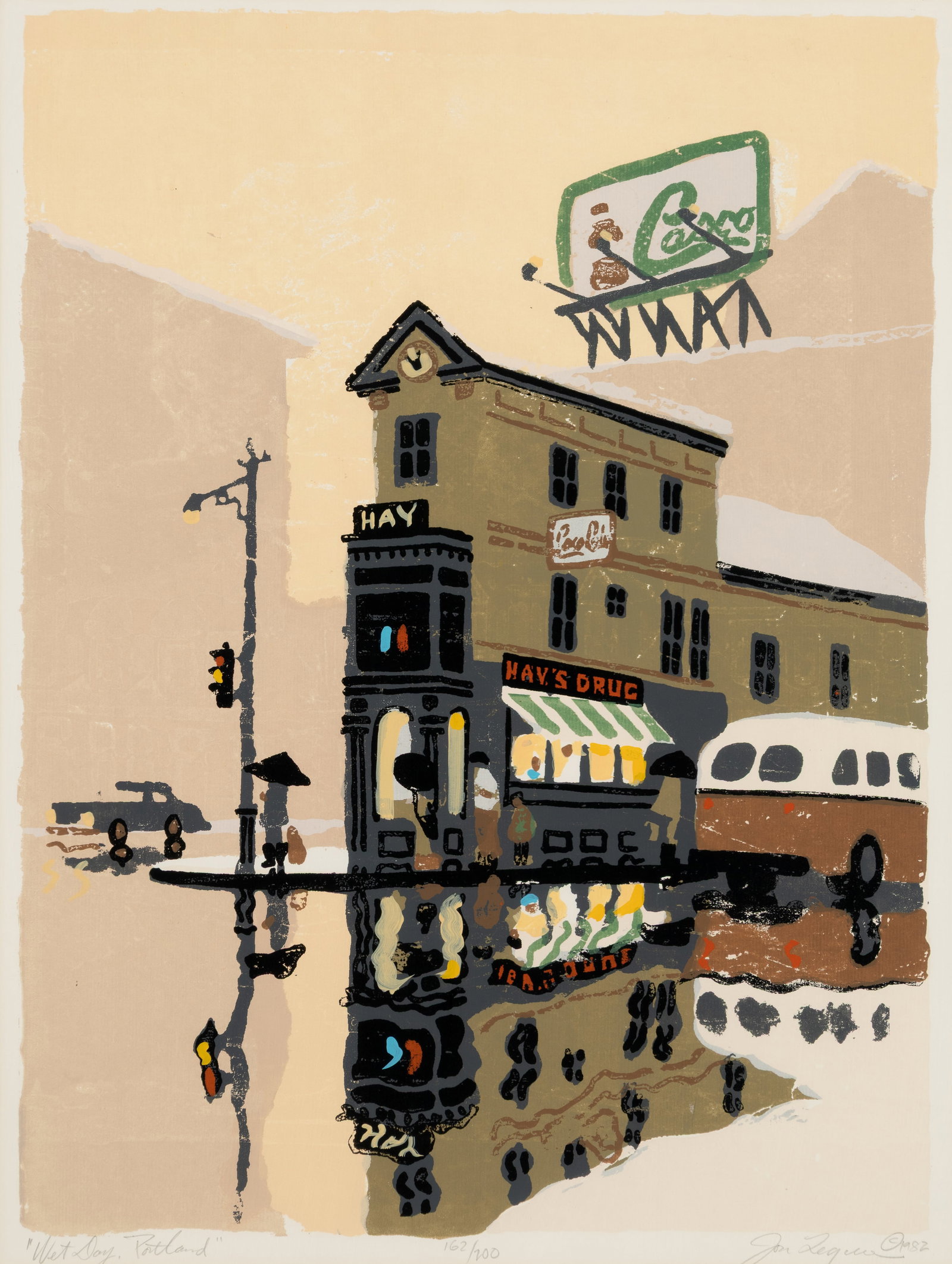 Jon Legere (Am. 1944-1996), "Wet Day, Portland" 1982, Silkscreen on paper, framed under glass: Jon Legere (Am. 1944-1996) "Wet Day, Portland" 1982 Silkscreen on paper, framed under glass Signed and dated in pencil l.r., titled in pencil l.l., and editioned "162/200" in pencil l.c. 22 3