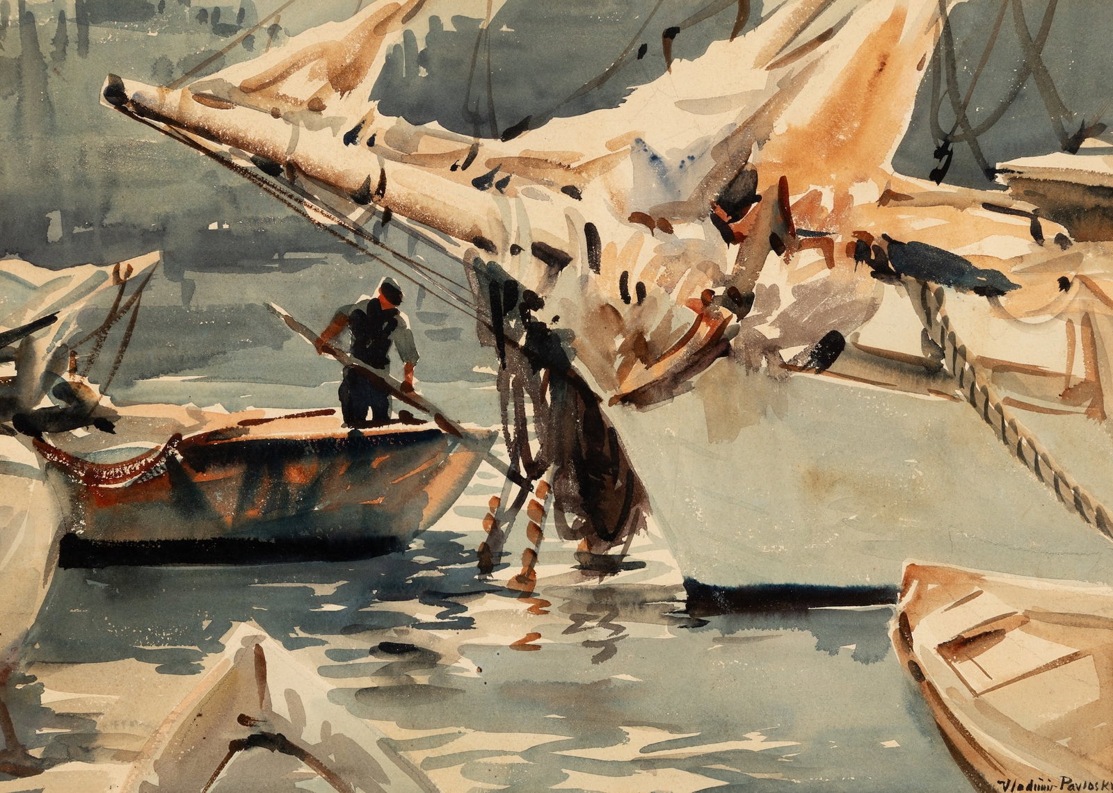 Vladimir Pavlosky (Am. 1884-1944), Sailor's Bay, Watercolor on paper, framed under glass: Vladimir Pavlosky (Am. 1884-1944) Sailor's Bay Watercolor on paper, framed under glass Signed l.r. 14" x 20" sight, 21 1/4" x 27 1/8" framed 21 Provenance: