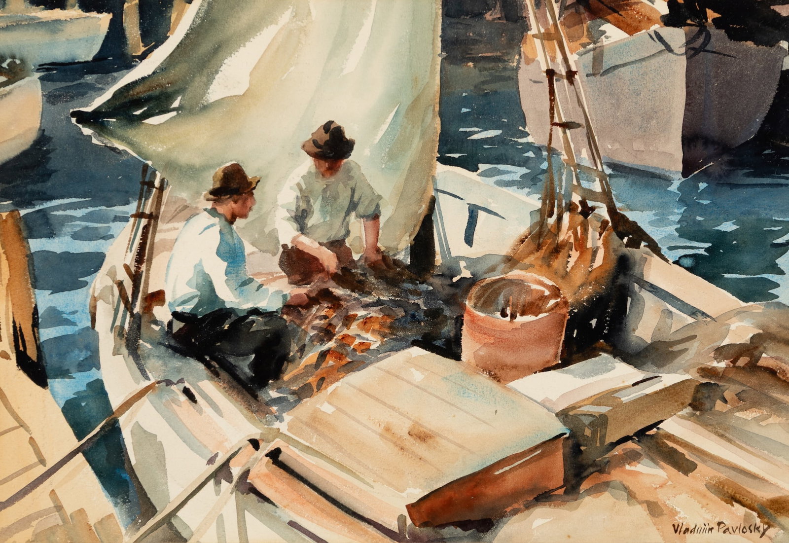 Vladimir Pavlosky (Am. 1884-1944), Fishermen, Watercolor on paper, framed under glass: Vladimir Pavlosky (Am. 1884-1944) Fishermen Watercolor on paper, framed under glass Signed l.r. 13 1/2" x 20" sight, 24 1/2" x 30 1/2" framed Provenance: P