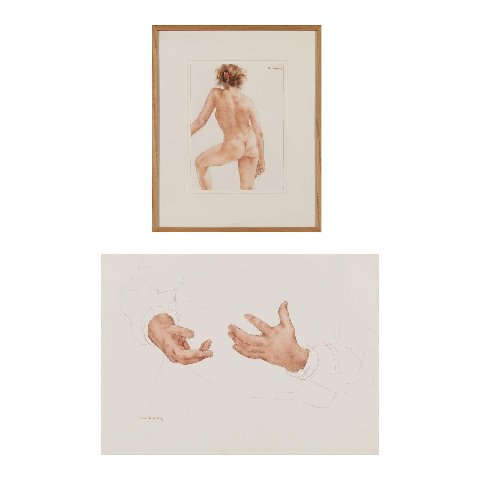 Dewitt Hardy (Am. 1940-2017), Two Works,: Dewitt Hardy (Am. 1940-2017) Two Works 1] NudeWatercolor and graphite on paper, framed under glassSigned u.r.12" x 8 3/4" actual, 19 13/16" x 16 1/4" framed2] HandsWatercolor and graphite on paper