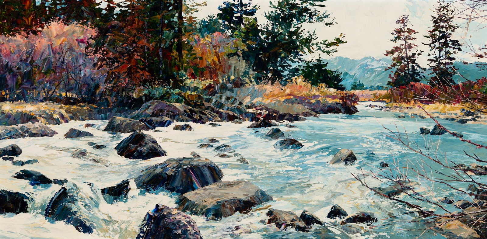 C.J. Boswell (Am. 20th Century), River Run, Oil on board, framed: C.J. Boswell (Am. 20th Century) River Run Oil on board, framed Signed l.r. 12" x 24" actual, 19 1/2" x 27 1/2" framed Provenance: Private collection Falmout
