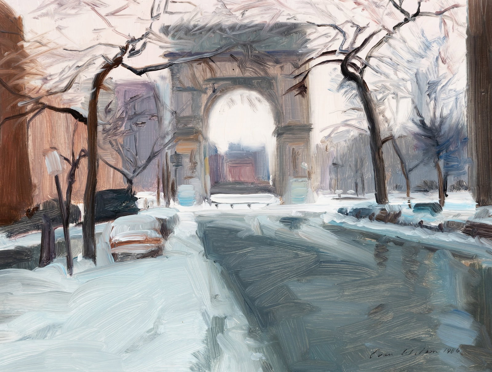 Evan Wilson (Am. b. 1953), "Washington Square Arch" New York City, 1986, Oil on masonite, framed: Evan Wilson (Am. b. 1953) "Washington Square Arch" New York City, 1986 Oil on masonite, framed Signed and dated l.r., signed on verso, inscribed "Wash. Square" on frame verso 8 7/8" x 11 7/