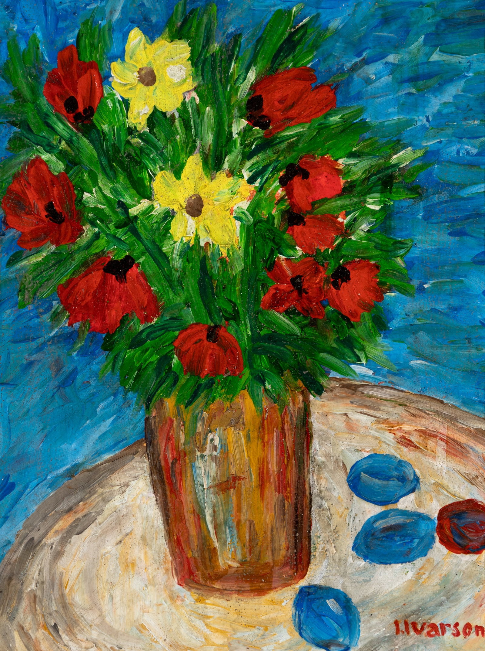 Ivan Ivarson (Swe. 1900-1939), Flower Bouquet, Oil on canvas, framed: Ivan Ivarson (Swe. 1900-1939) Flower Bouquet Oil on canvas, framed Signed l.r. 10" x 8" actual, 16 6/16" x 14 6/16" framed Provenance: Private collection Old