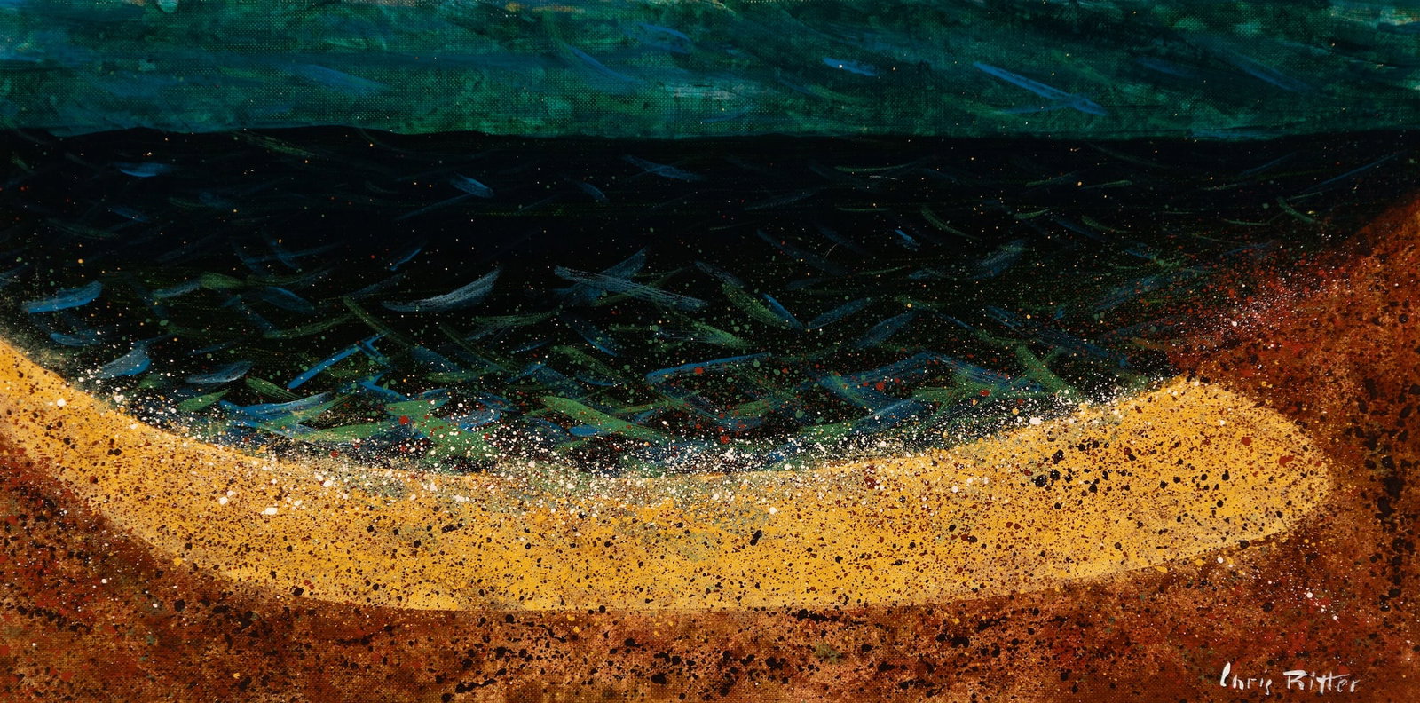 Chris Ritter (Am. 1908-1976), Shoreline, 1964,: Chris Ritter (Am. 1908-1976) Shoreline, 1964 Signed l.r., signed and dated on verso, Pinetree Design stamp on backing 9 3/4" x 19 3/4" actual, 12 1/8" x 22 1/8" framed Prov